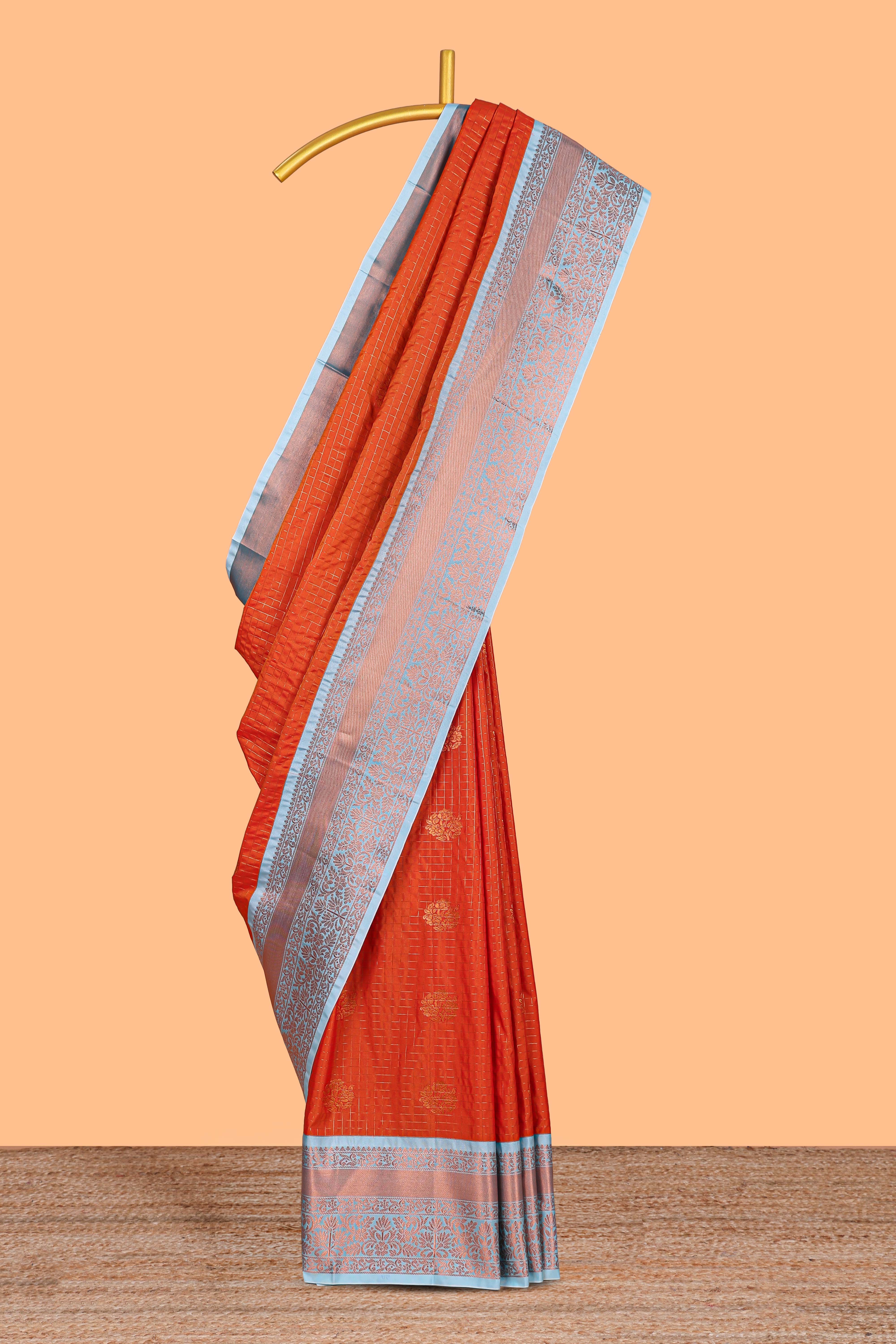 Orange Color Tissue Silk Saree withZari Checks Weaving Body and Contrast Border along with Contrast Blouse