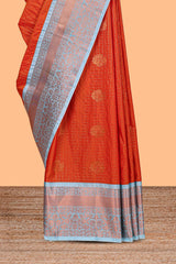Orange Color Tissue Silk Saree withZari Checks Weaving Body and Contrast Border along with Contrast Blouse