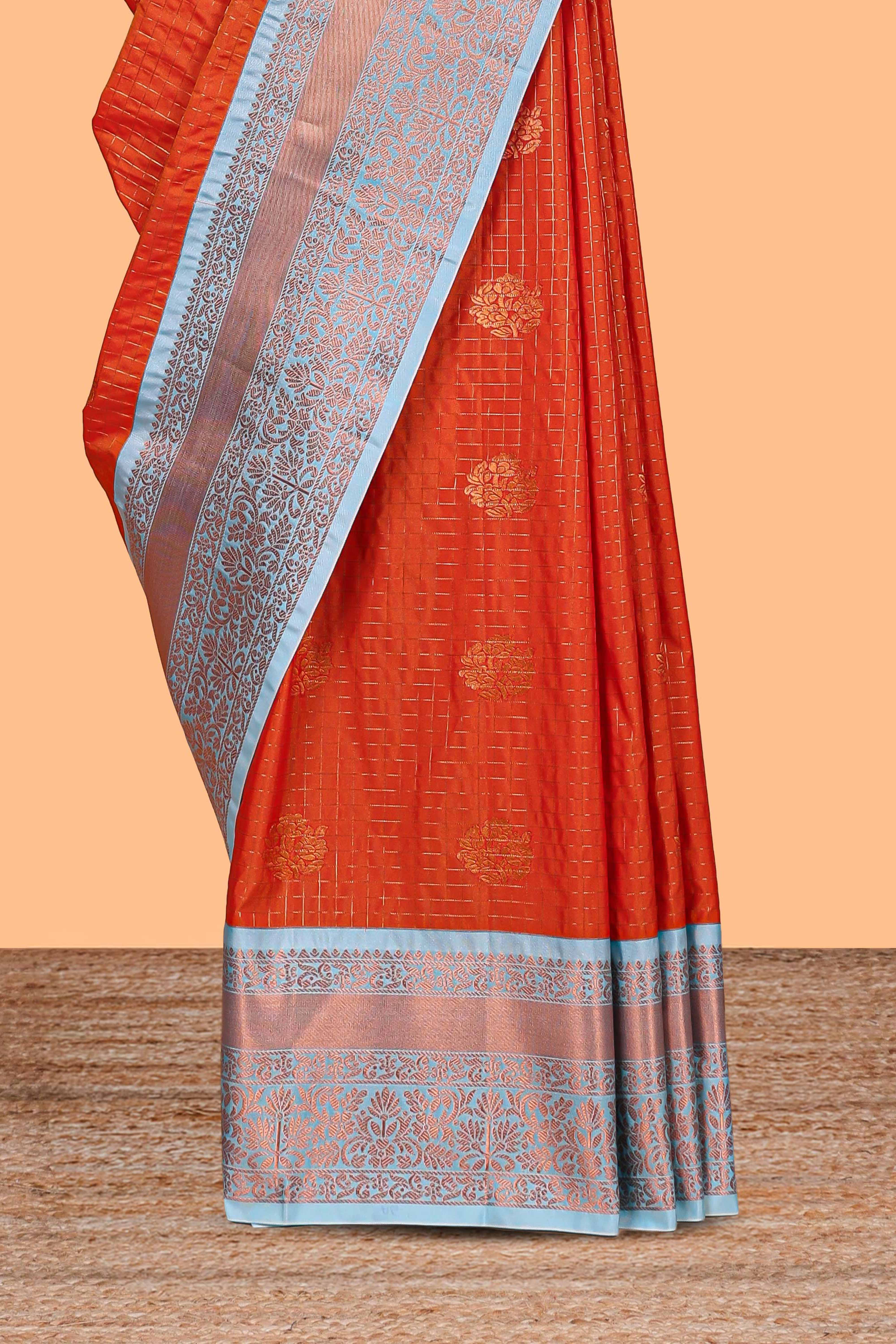 Orange Color Tissue Silk Saree withZari Checks Weaving Body and Contrast Border along with Contrast Blouse