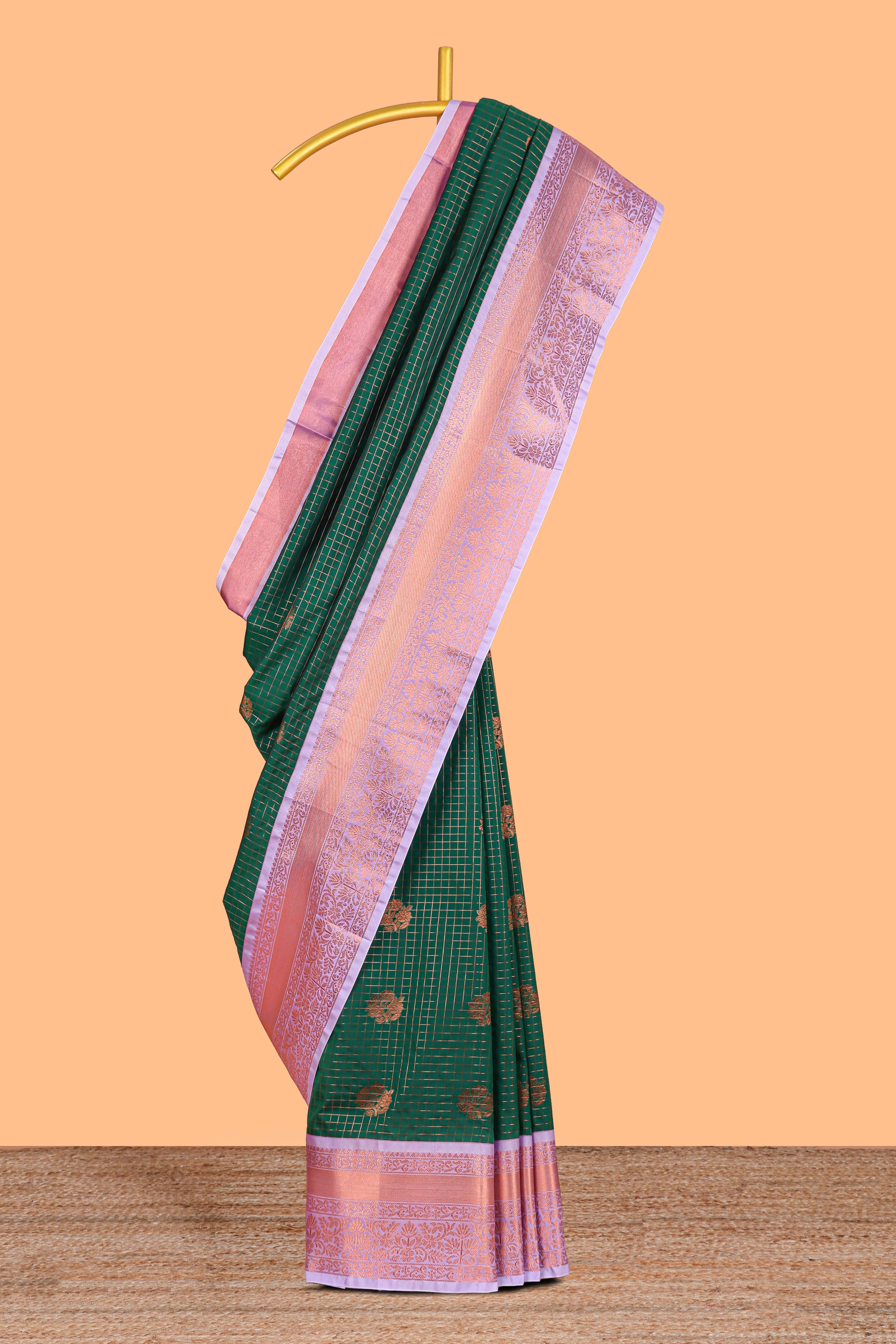 Green Color Tissue Silk Saree withZari Checks Weaving Body and Contrast Border along with Contrast Blouse