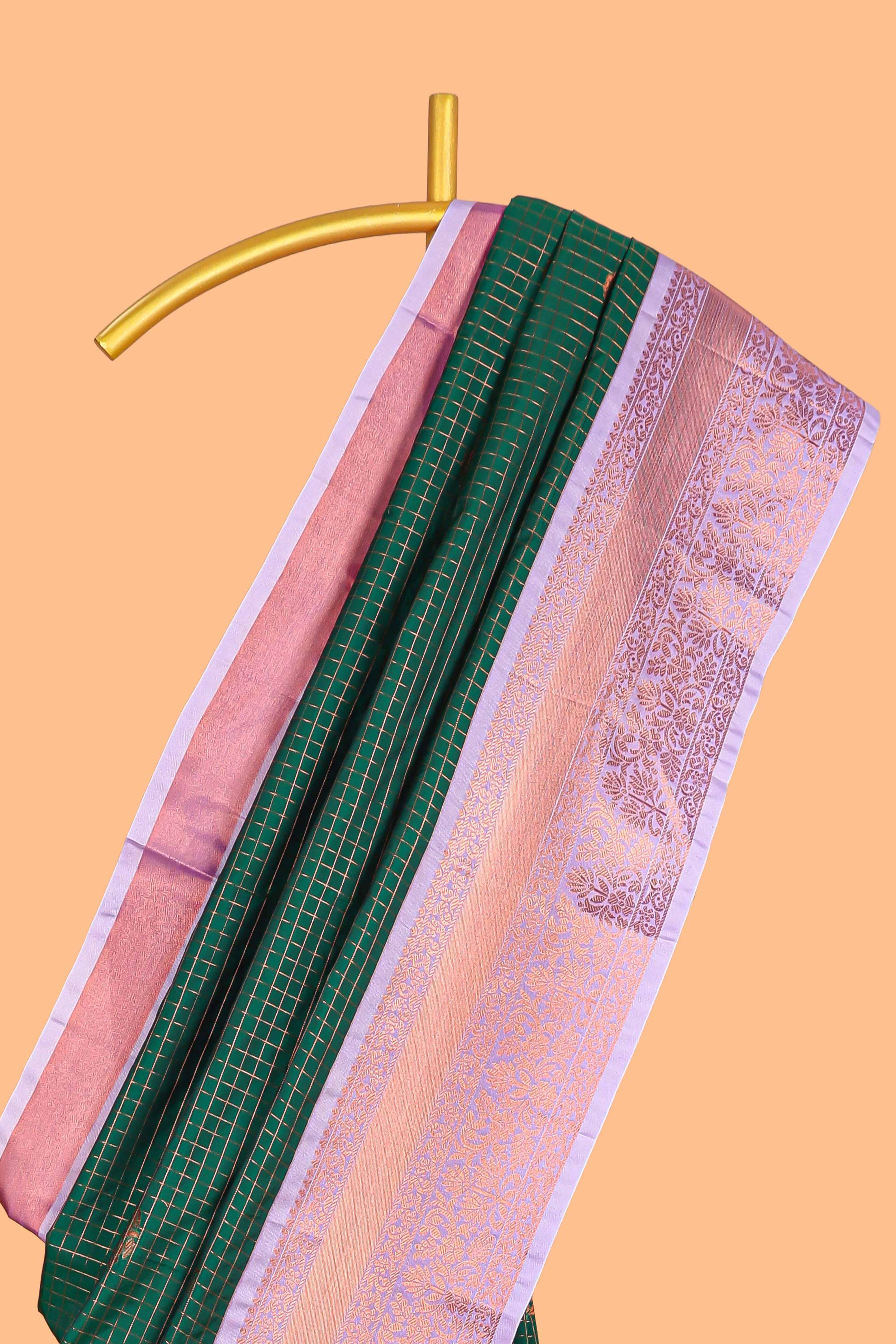 Green Color Tissue Silk Saree withZari Checks Weaving Body and Contrast Border along with Contrast Blouse