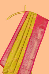 Yellow Color Tissue Silk Saree withZari Checks Weaving Body and Contrast Border along with Contrast Blouse