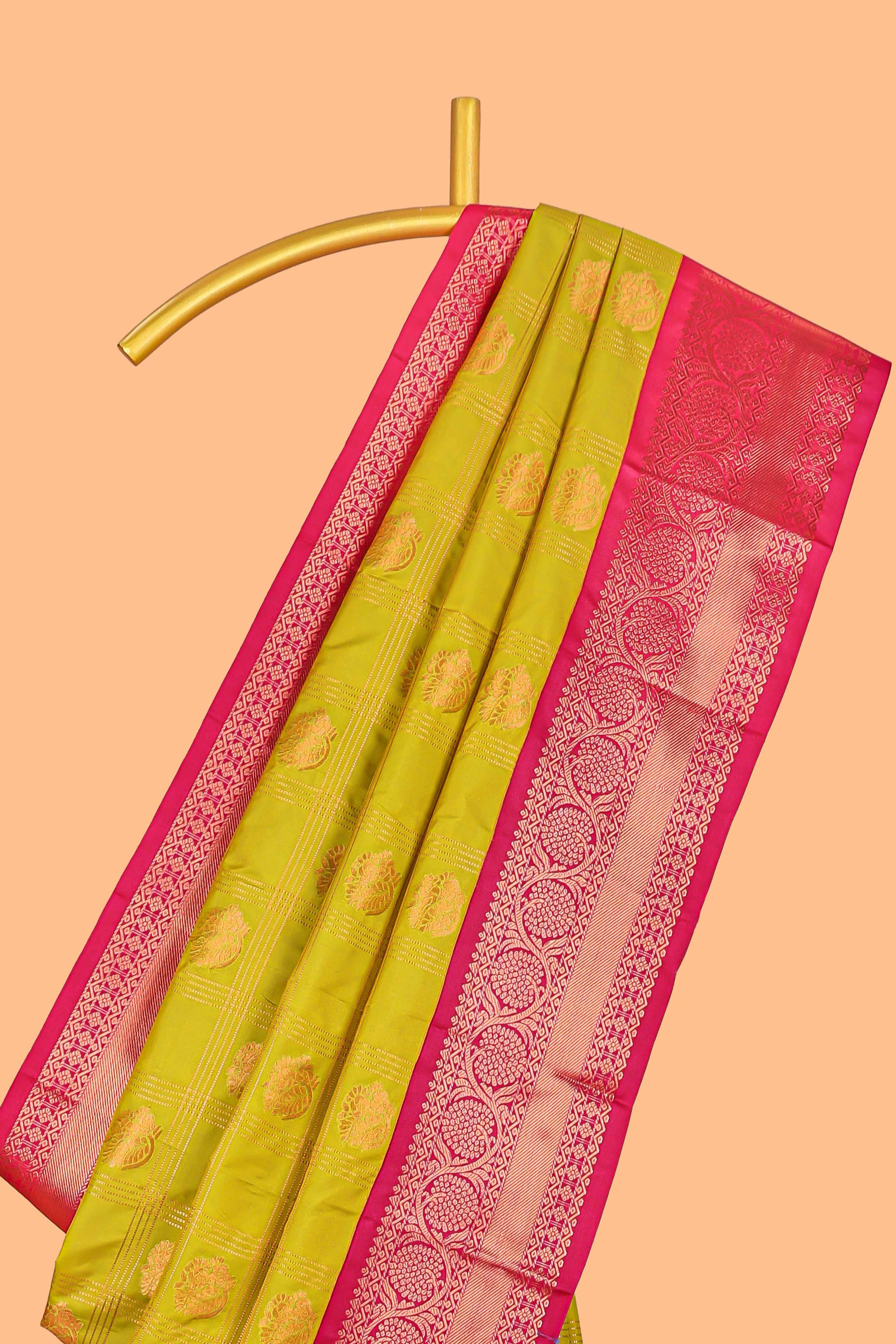 Yellow Color Tissue Silk Saree withZari Checks Weaving Body and Contrast Border along with Contrast Blouse