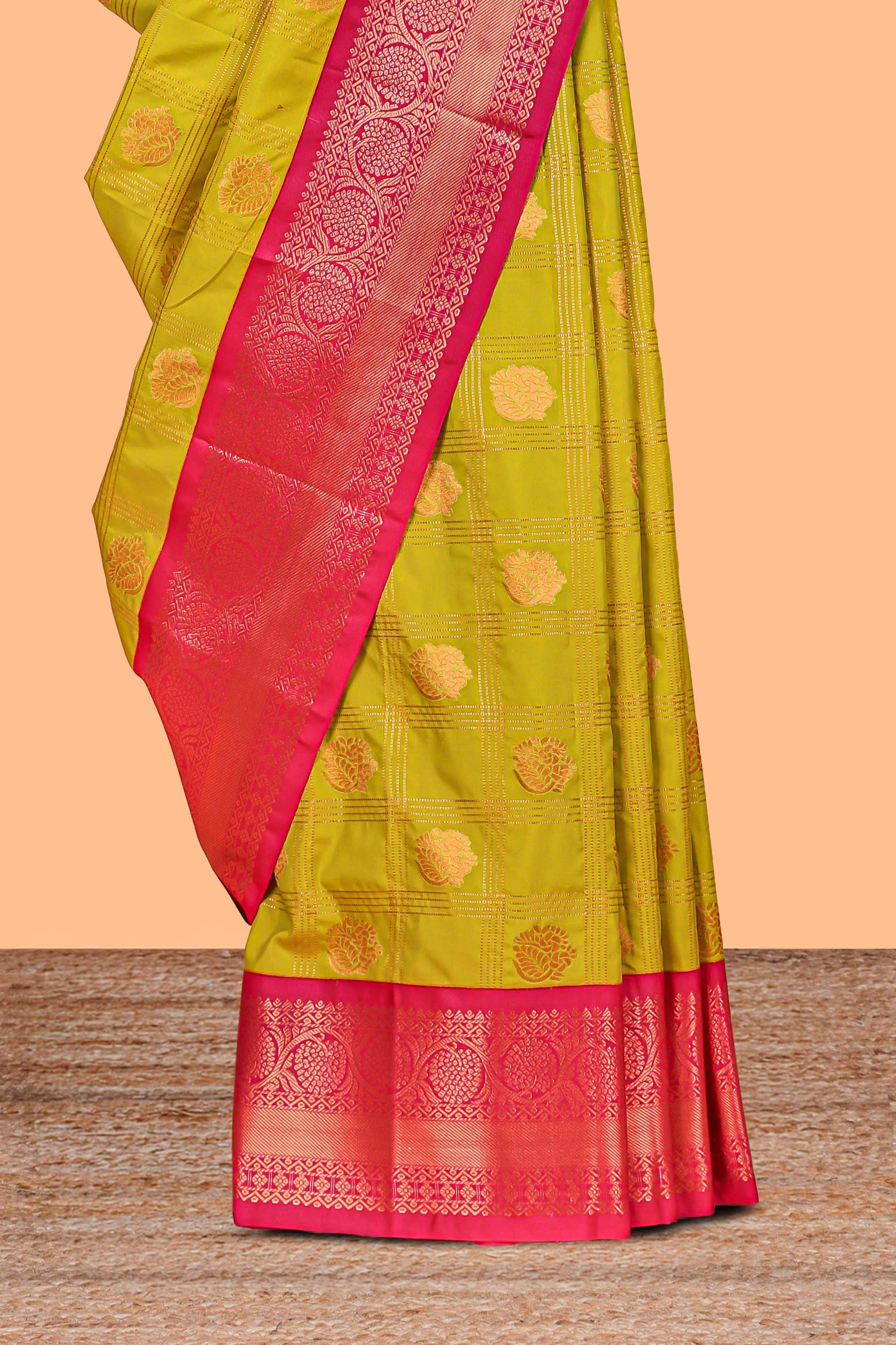 Yellow Color Tissue Silk Saree withZari Checks Weaving Body and Contrast Border along with Contrast Blouse