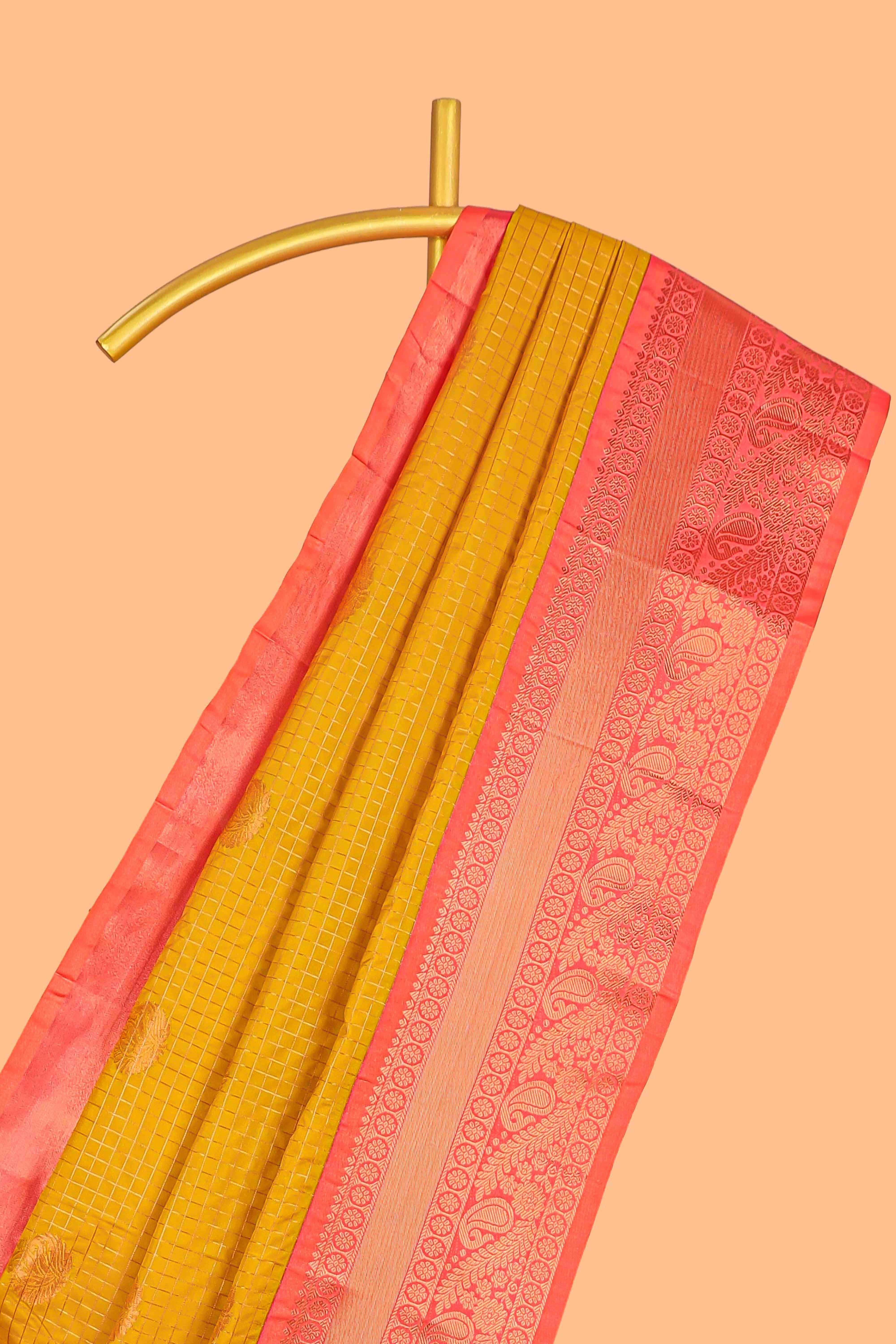 Turmeric Yellow Color Tissue Silk Saree withZari Checks Weaving Body and Contrast Border along with Contrast Blouse