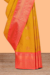Turmeric Yellow Color Tissue Silk Saree withZari Checks Weaving Body and Contrast Border along with Contrast Blouse
