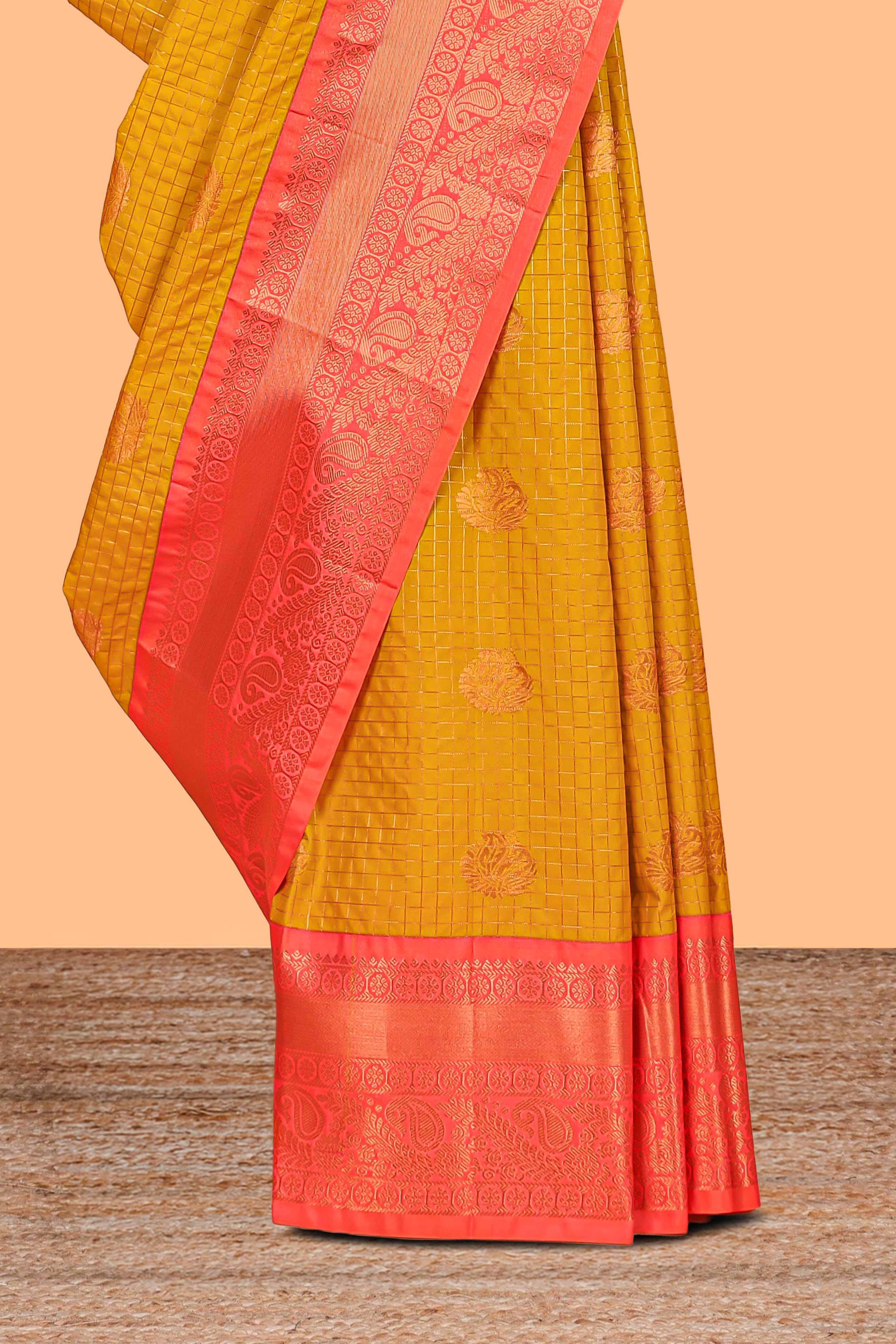 Turmeric Yellow Color Tissue Silk Saree withZari Checks Weaving Body and Contrast Border along with Contrast Blouse