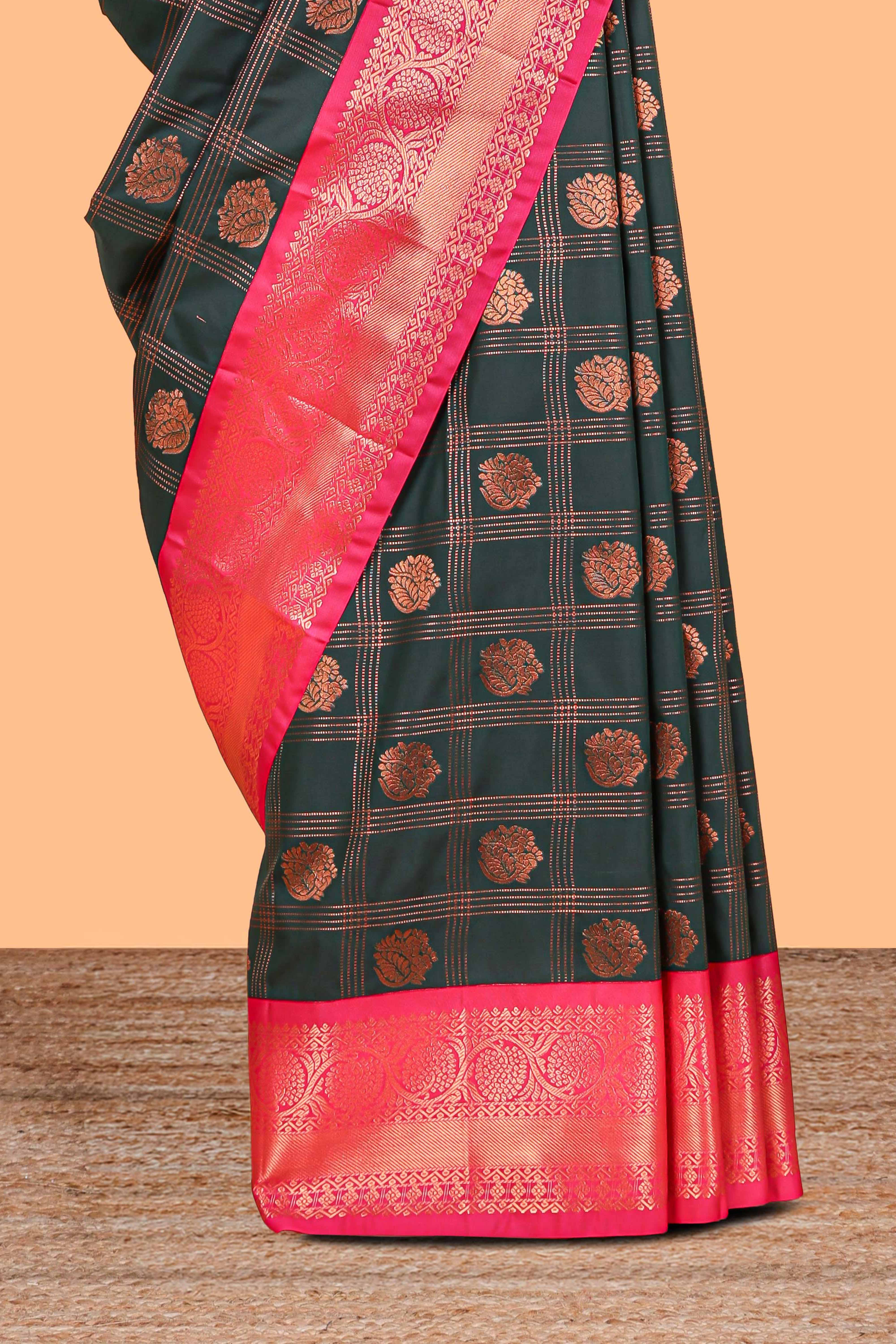 Black Color Tissue Silk Saree withZari Checksand Buttas Weaving Body and Contrast Border along with Contrast Blouse
