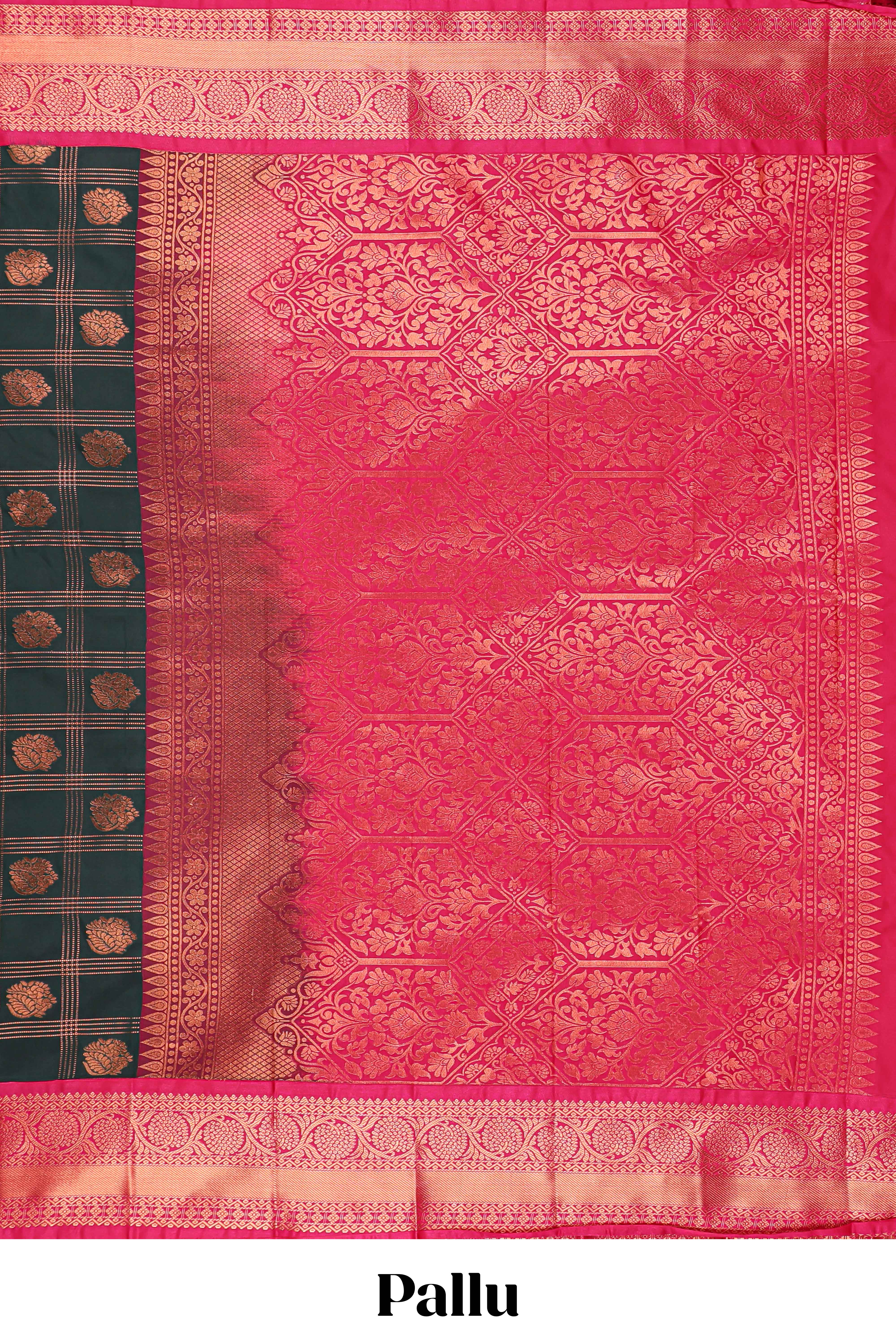 Black Color Tissue Silk Saree withZari Checksand Buttas Weaving Body and Contrast Border along with Contrast Blouse