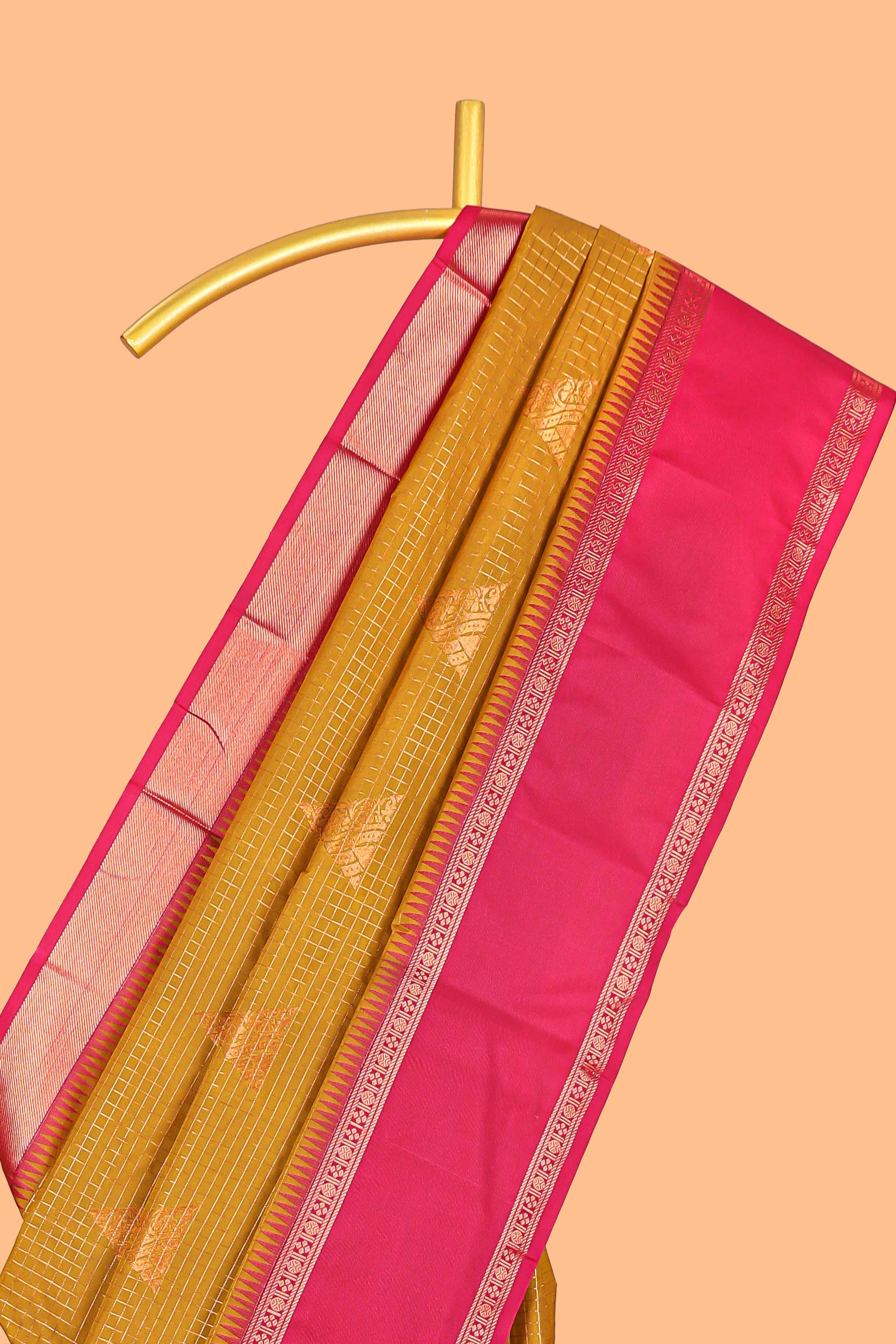 Turmeric Yellow Color Tissue Silk Saree withZari Checksand Buttas Weaving Body and Contrast Border along with Contrast Blouse
