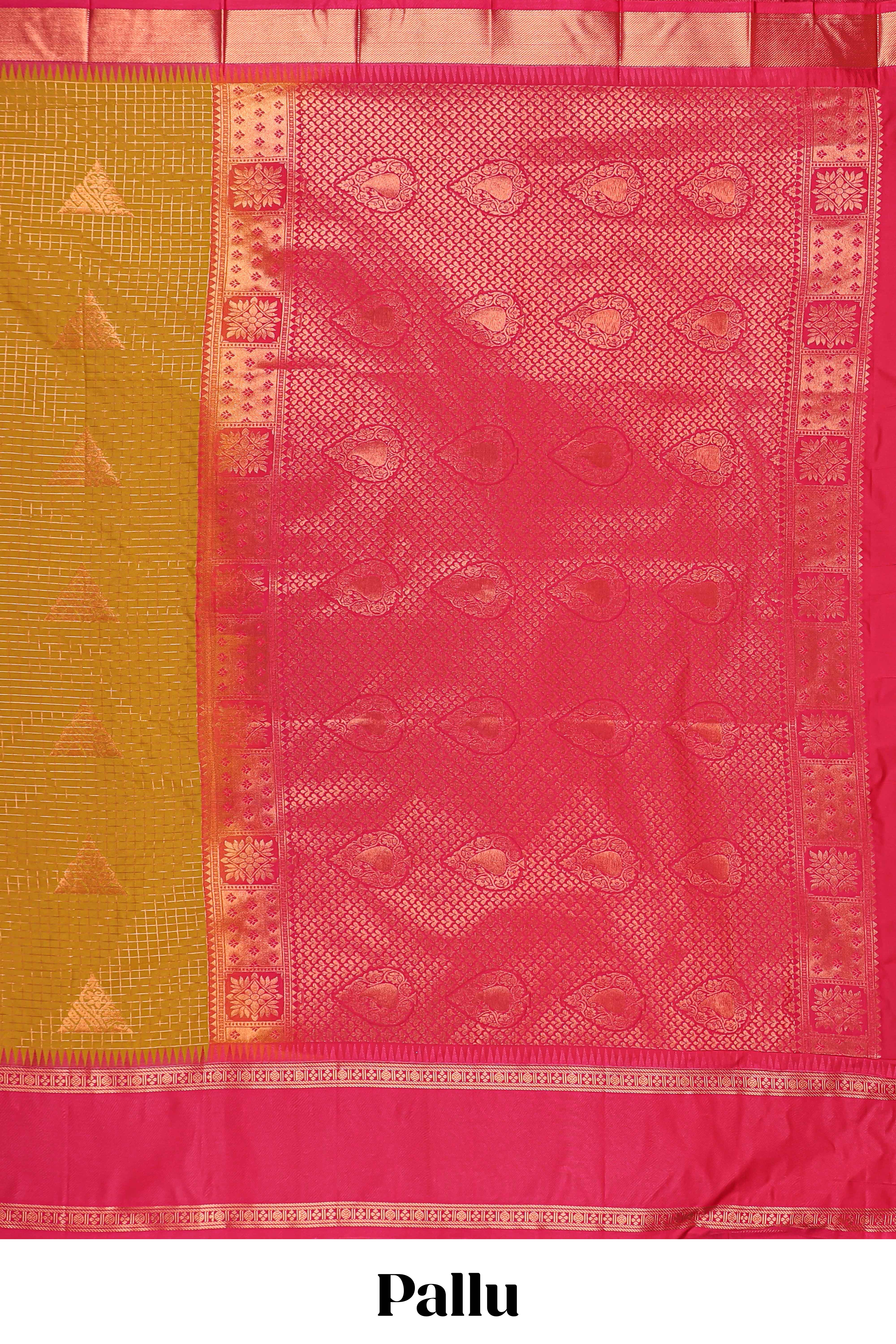 Turmeric Yellow Color Tissue Silk Saree withZari Checksand Buttas Weaving Body and Contrast Border along with Contrast Blouse