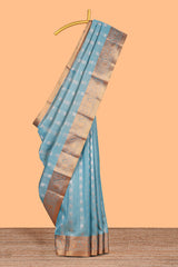 Elegant Turquoise Blue Tissue Silk Saree with Antique Gold Woven Motifs and Rich Zari Border along with Contrast Blouse