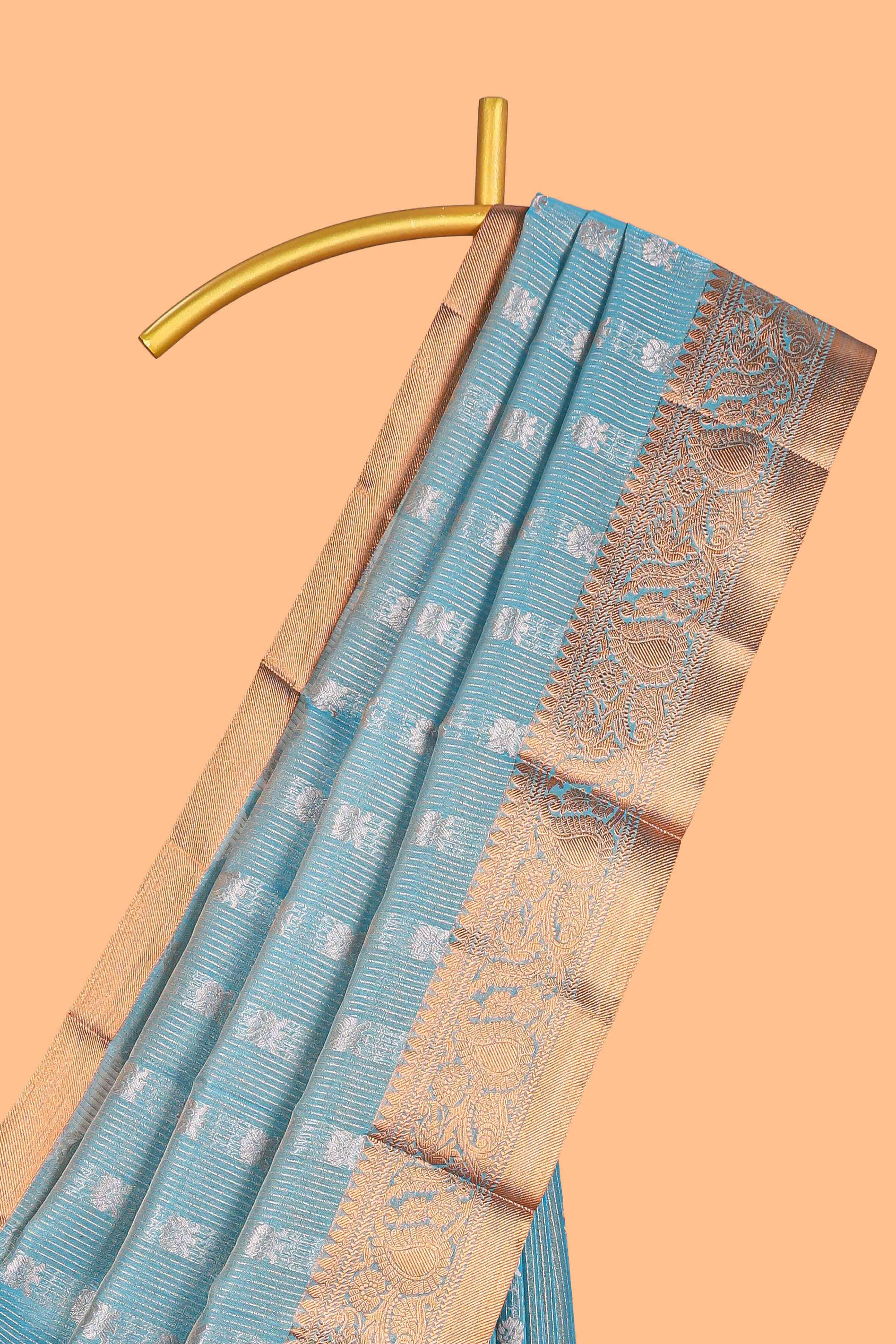 Elegant Turquoise Blue Tissue Silk Saree with Antique Gold Woven Motifs and Rich Zari Border along with Contrast Blouse