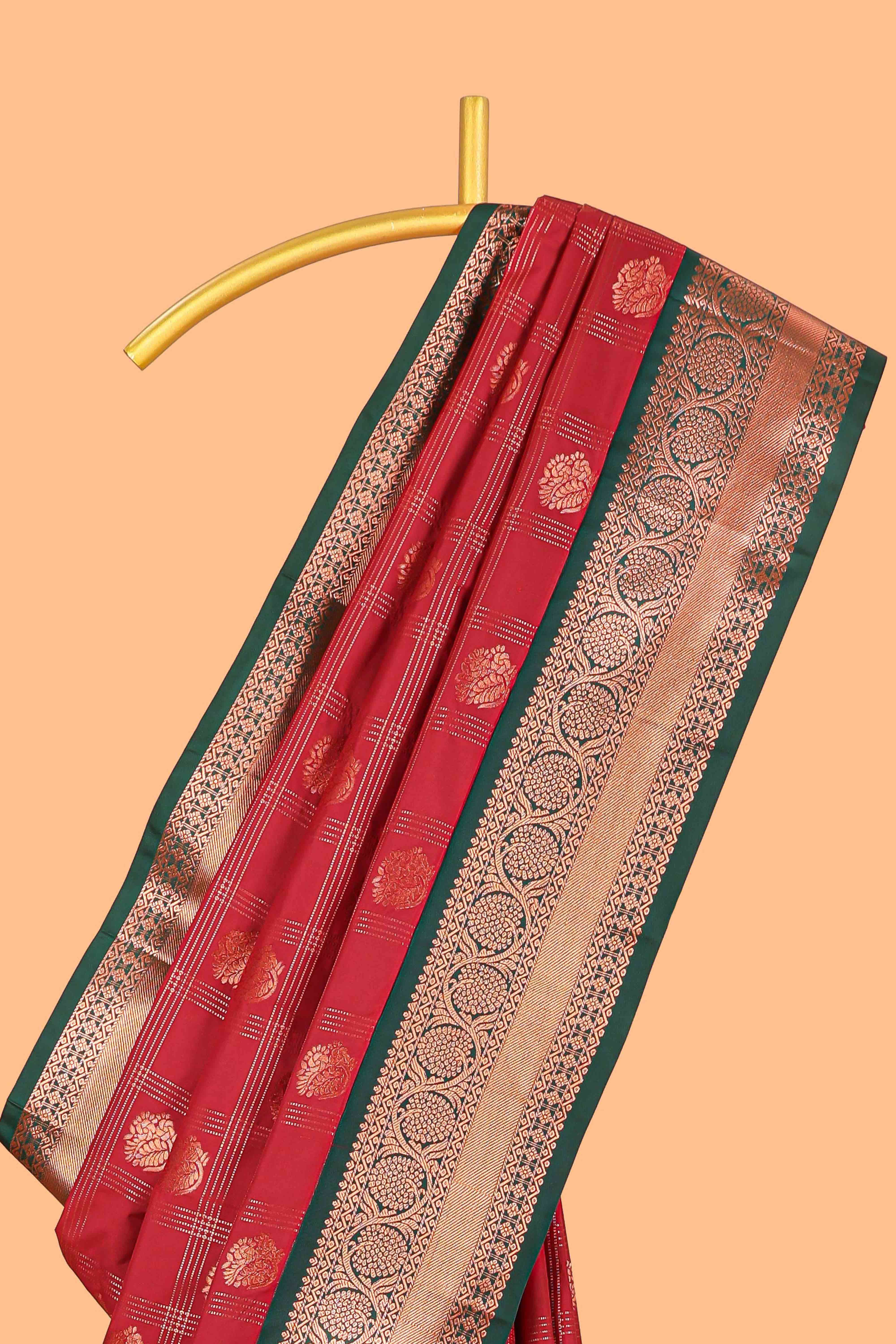 Red Color Tissue Silk Saree withZari Checks and Buttas Weaving Body and Contrast Border along with Contrast Blouse