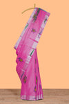 Pink peacock feather design tissue saree with self zari border and contrast blouse