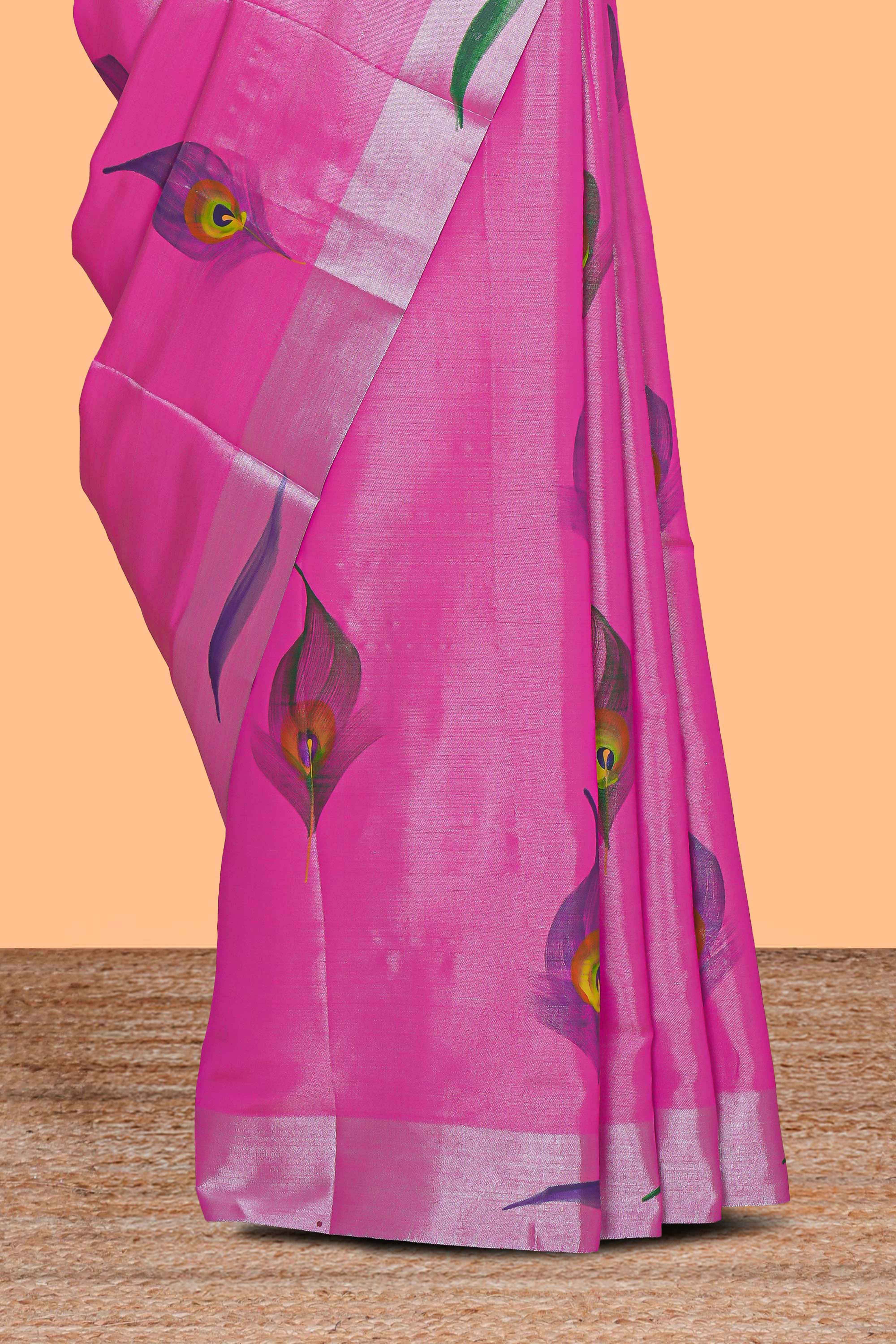 Pink peacock feather design tissue saree with self zari border and contrast blouse