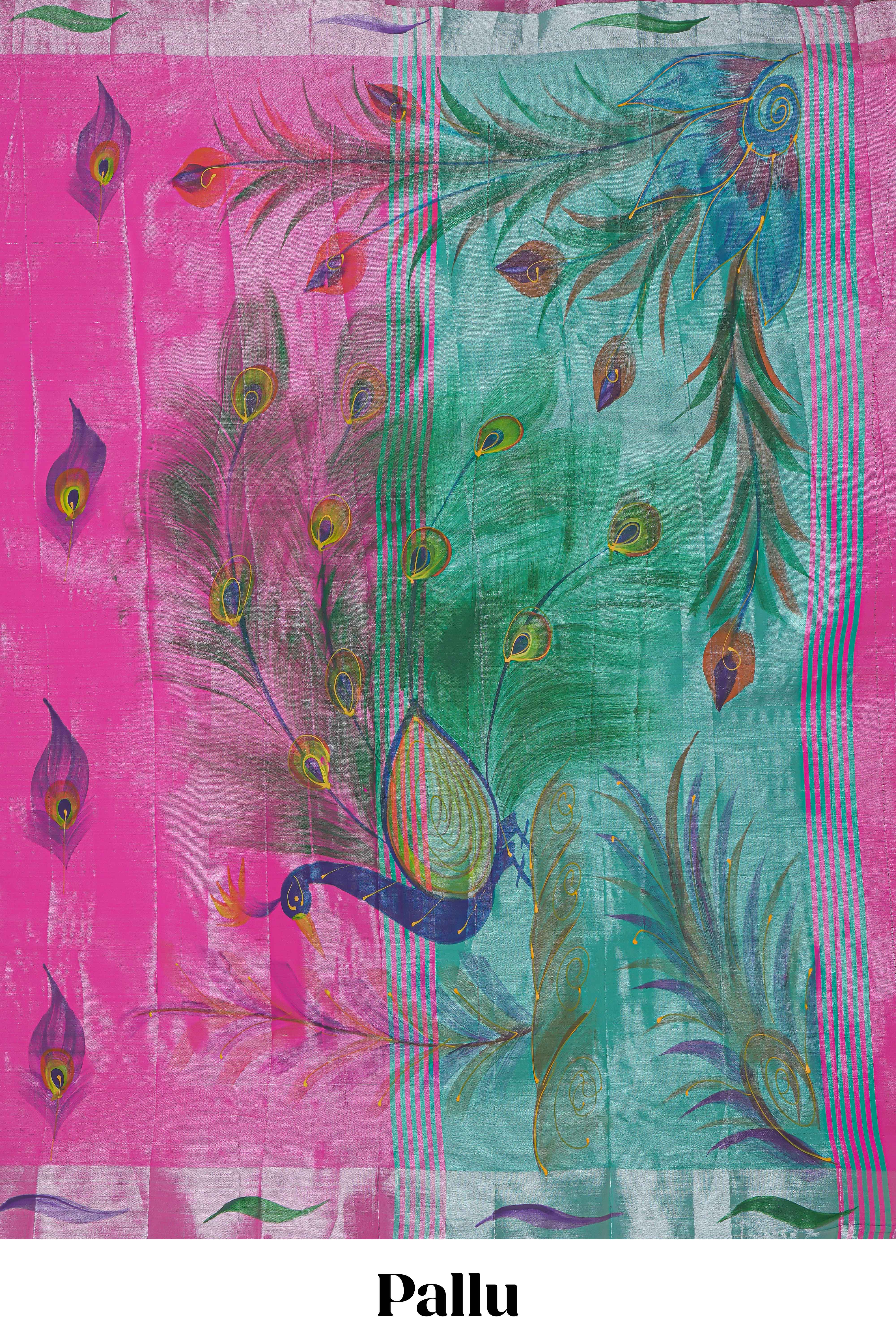 Pink peacock feather design tissue saree with self zari border and contrast blouse