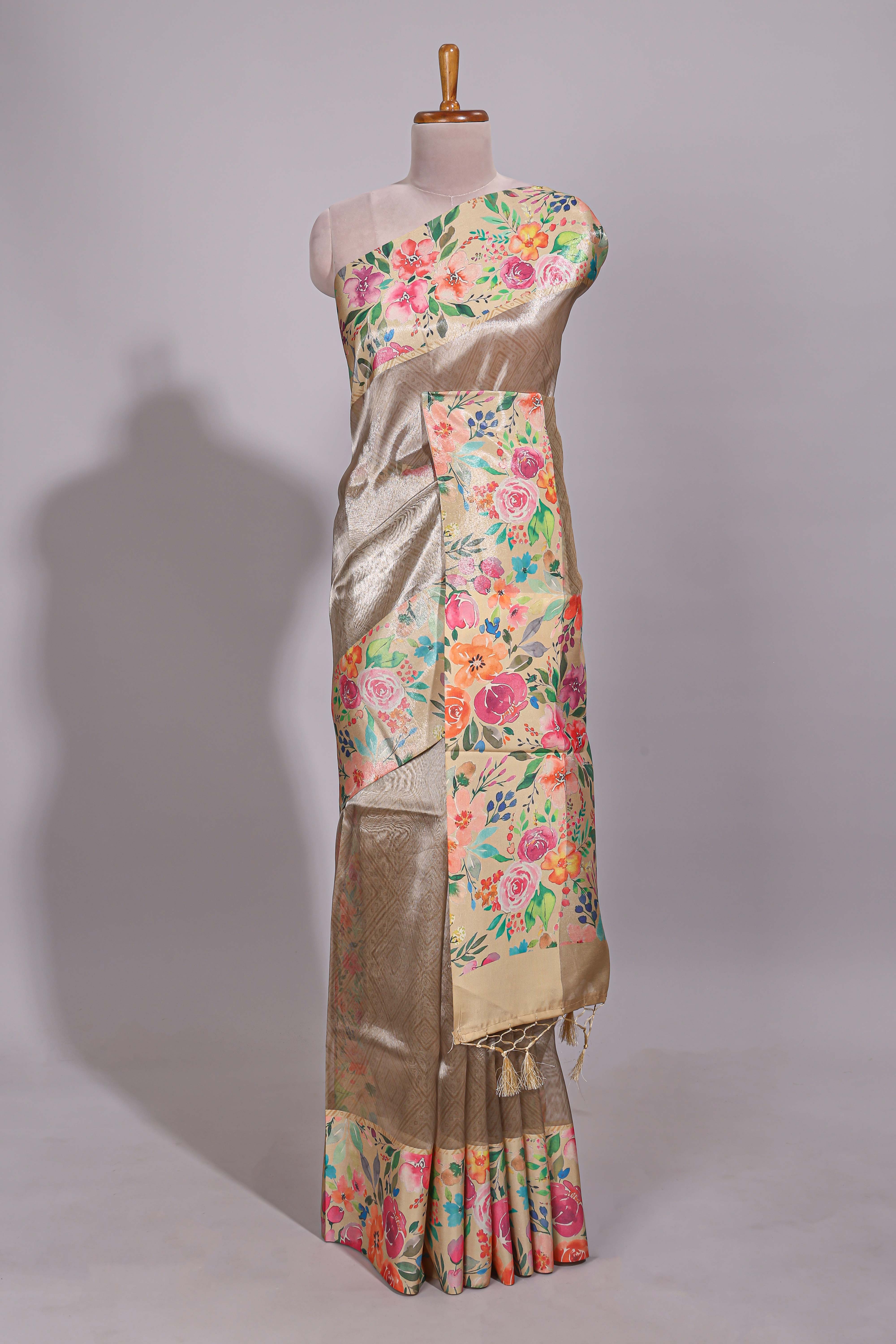 Brown geometric design tissue saree with contrast floral print border and printed blouse