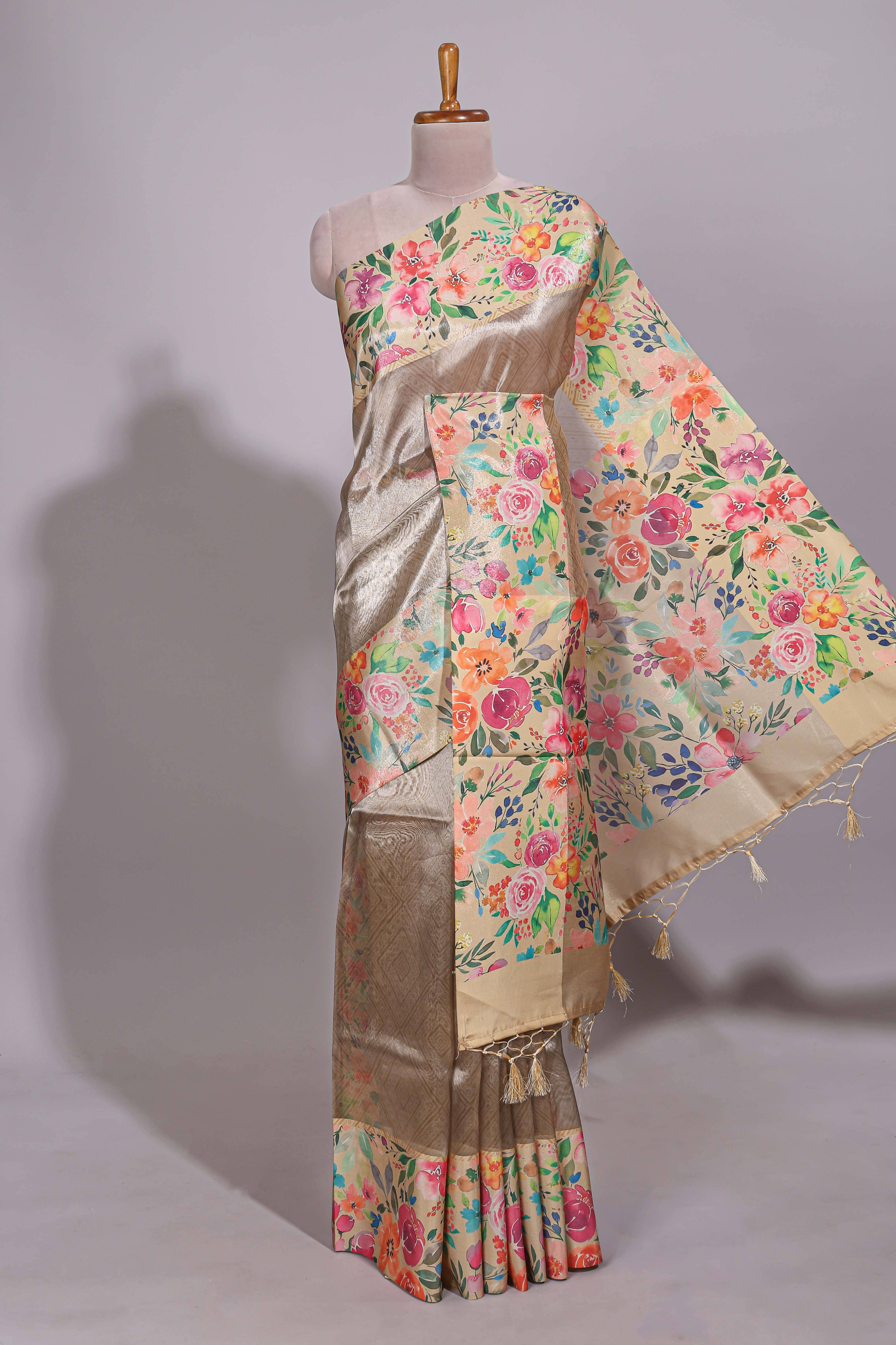 Brown geometric design tissue saree with contrast floral print border and printed blouse