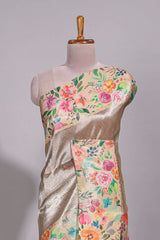 Brown geometric design tissue saree with contrast floral print border and printed blouse