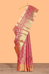 Pink checked zari motifs art tissue saree with self zari border and matching blouse