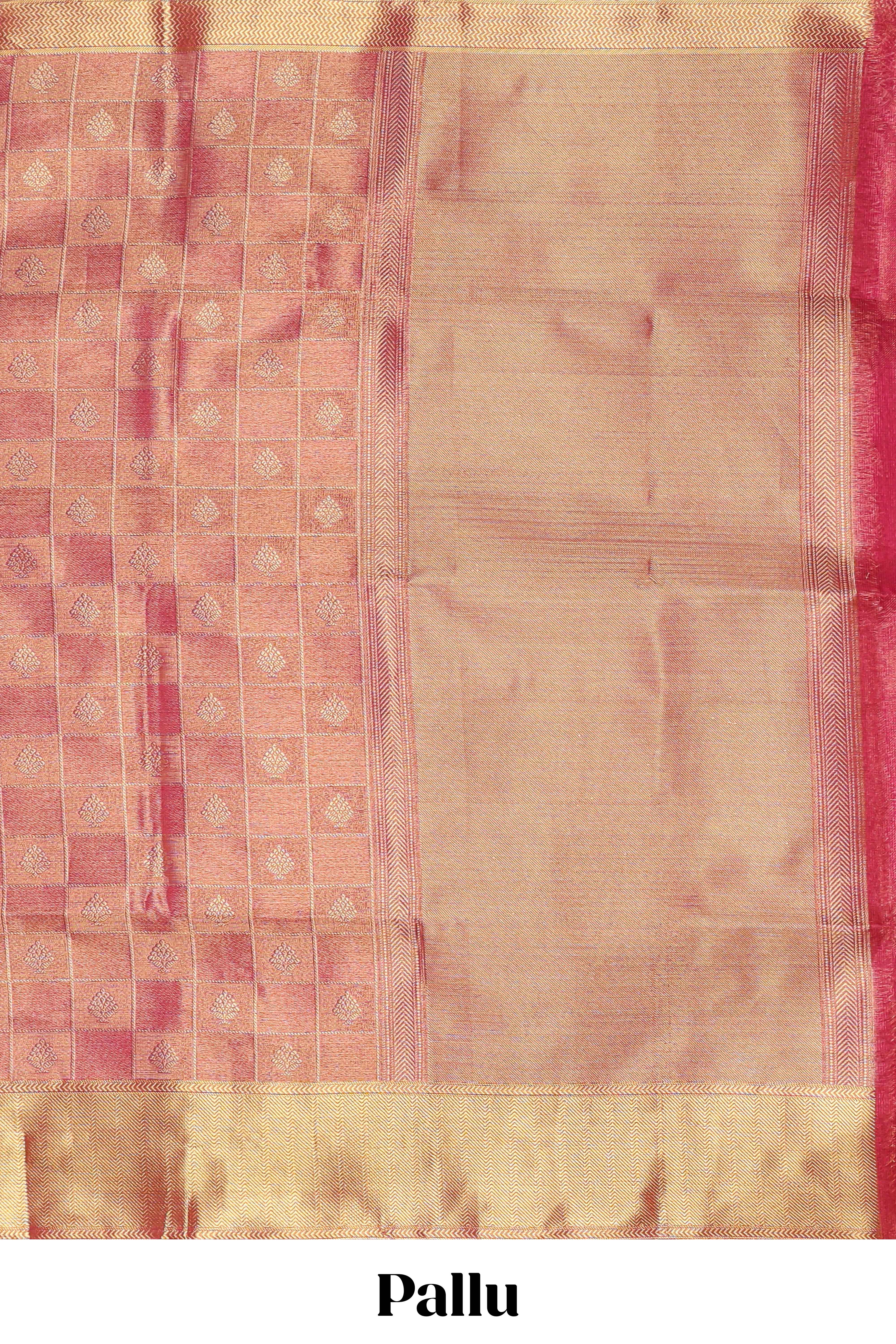 Pink checked zari motifs art tissue saree with self zari border and matching blouse