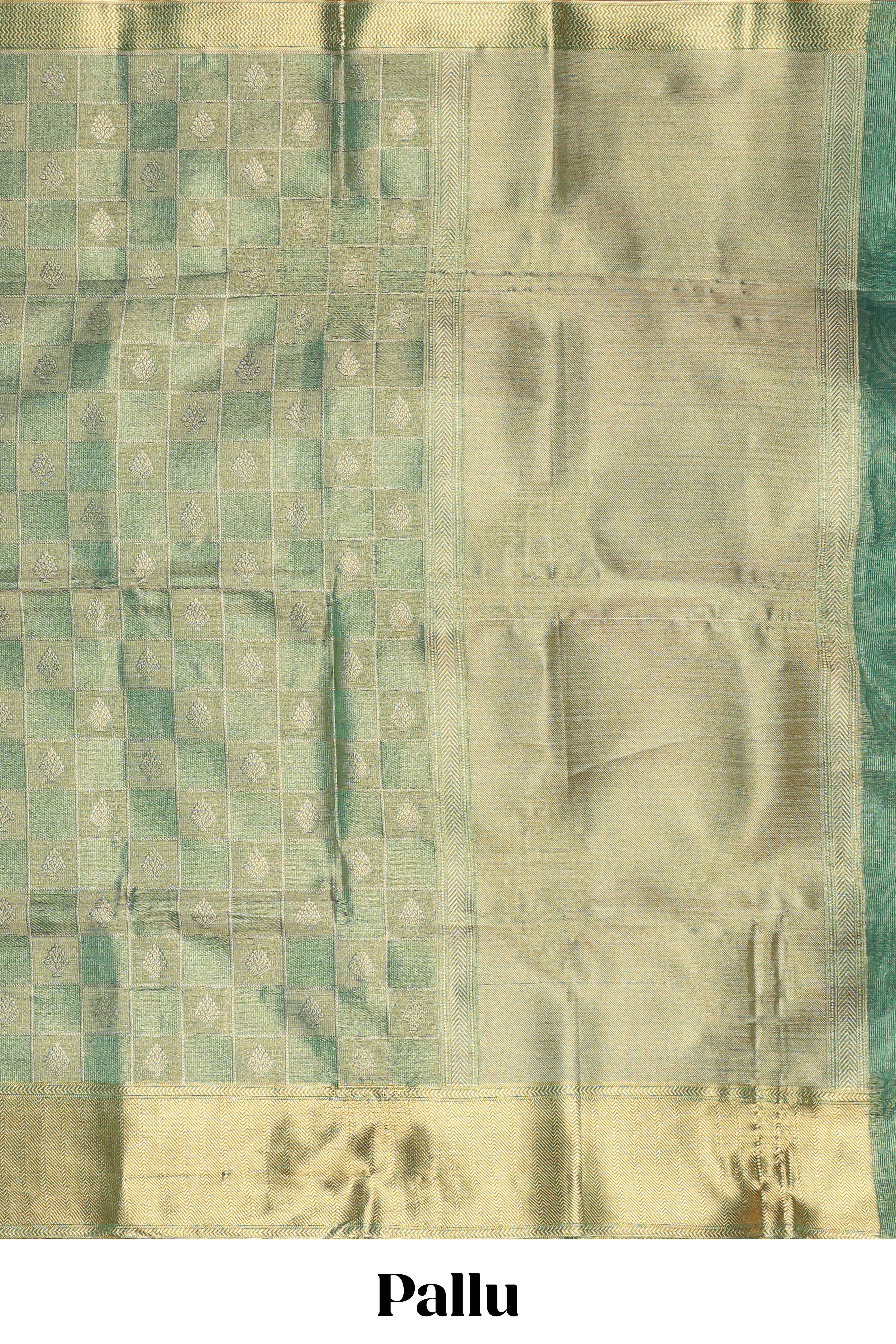 Green checked zari motifs art tissue saree with self zari border and matching blouse