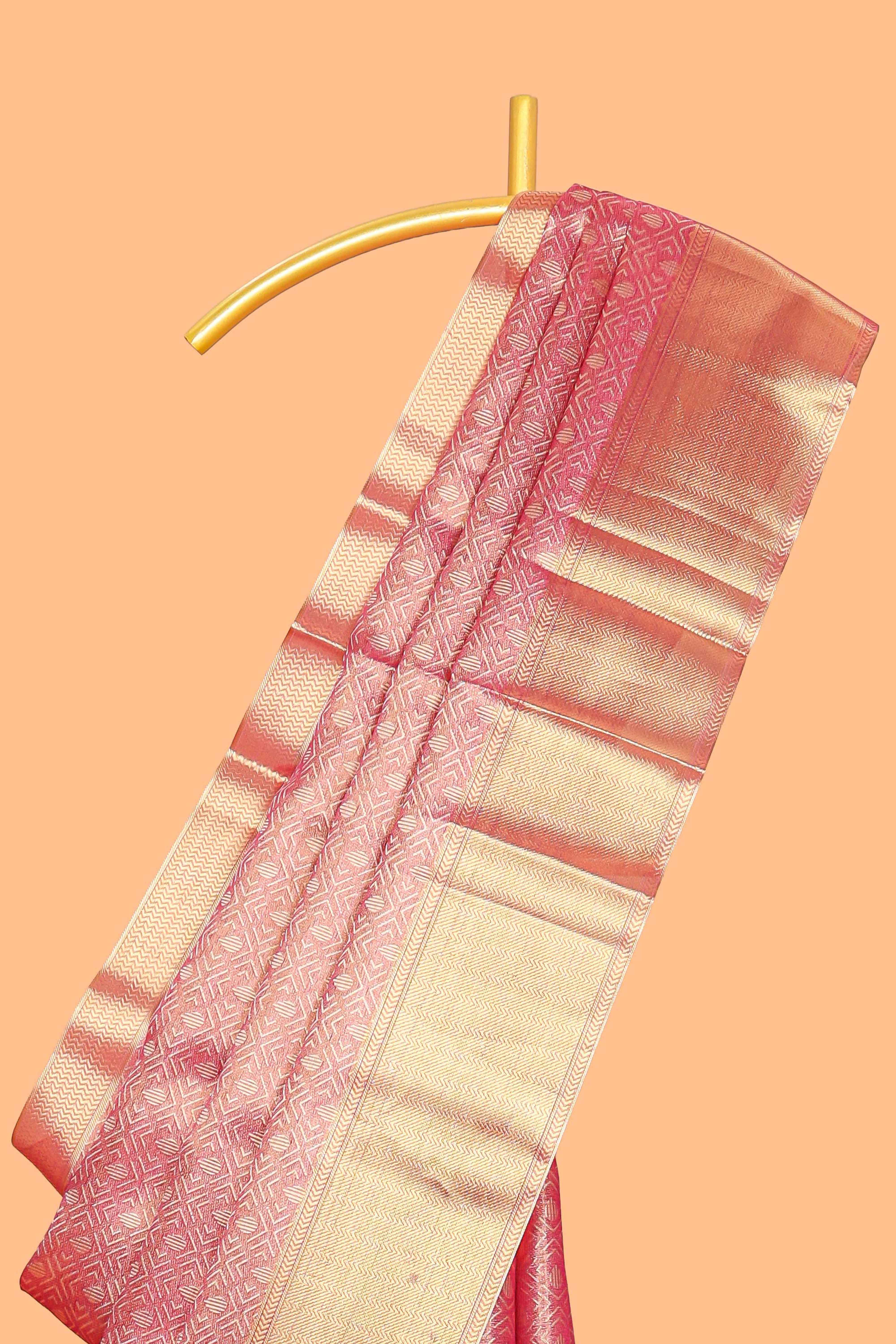 Pink geometric zari motifs art tissue saree with self zari border and matching blouse