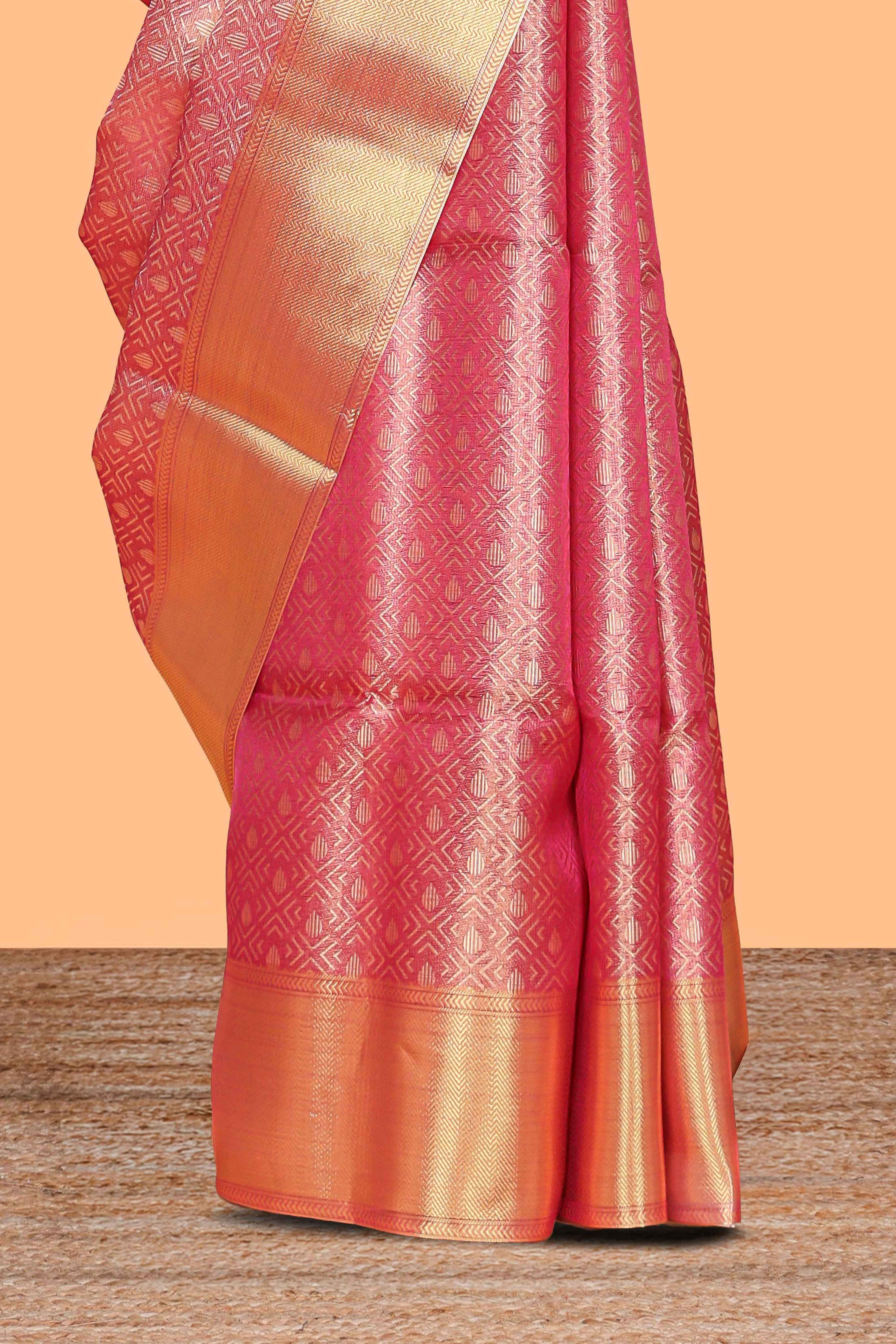 Pink geometric zari motifs art tissue saree with self zari border and matching blouse