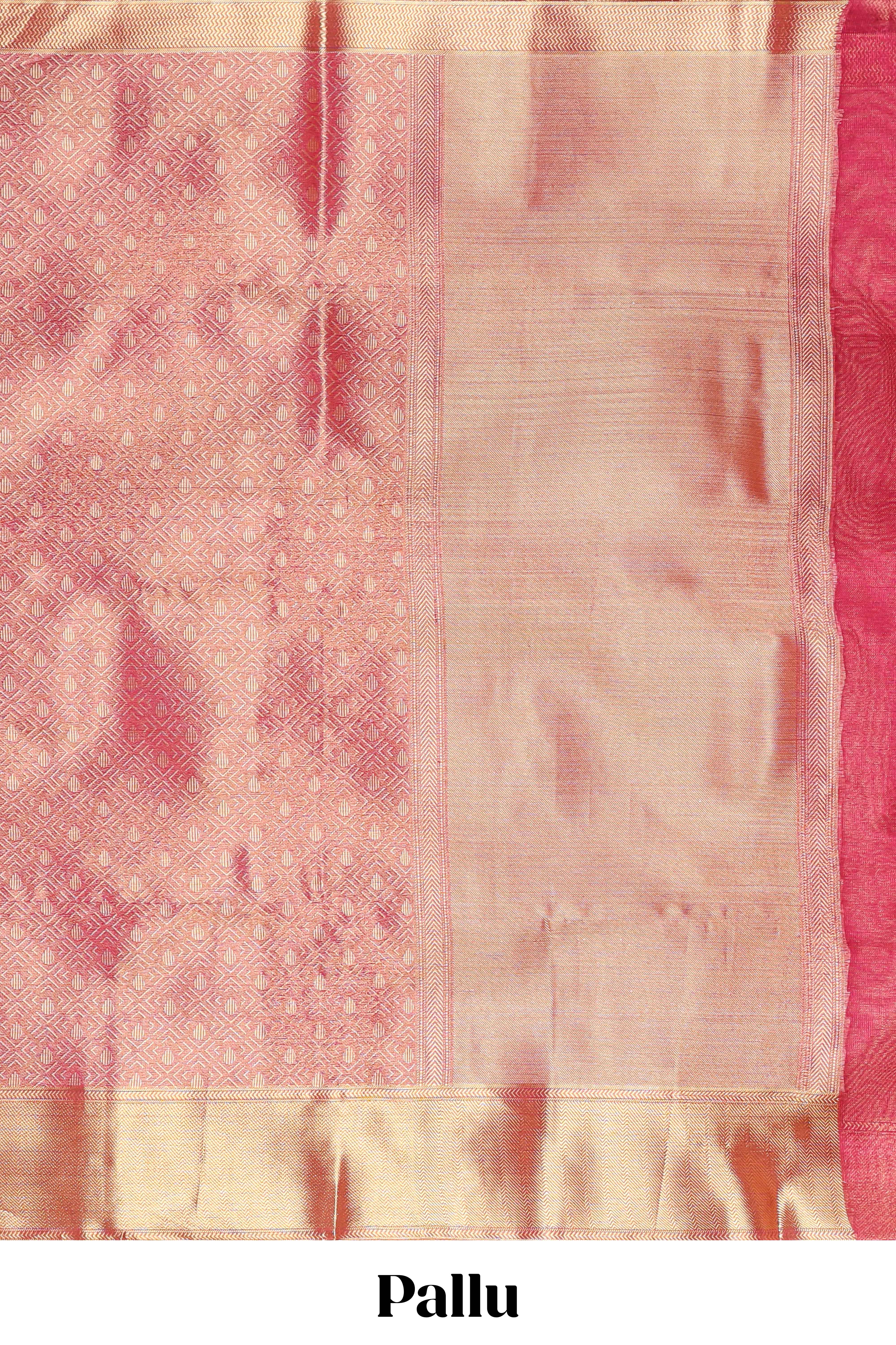 Pink geometric zari motifs art tissue saree with self zari border and matching blouse