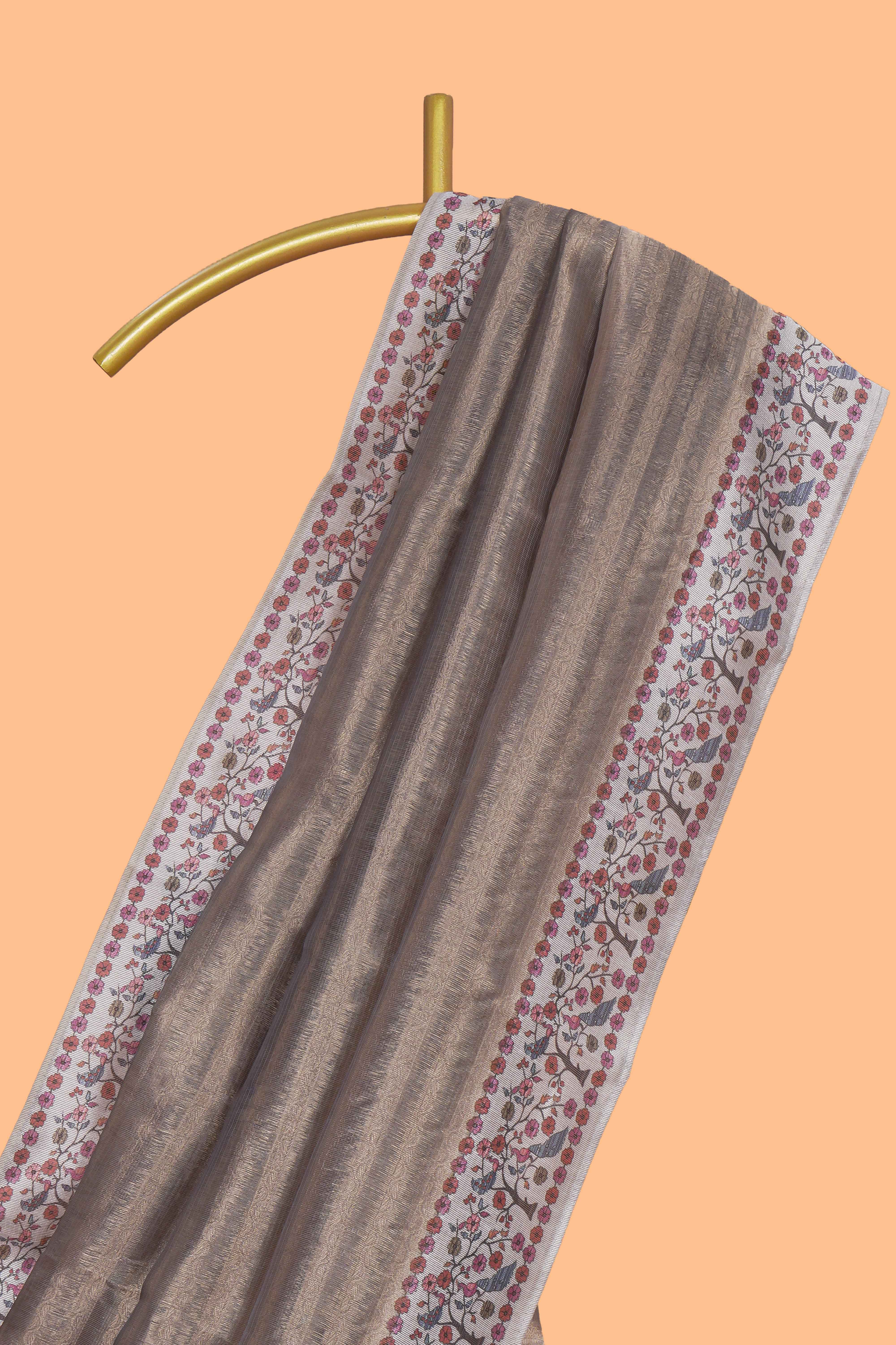 Grey striped art tissue saree with contrast floral & peacock design border and matching blouse