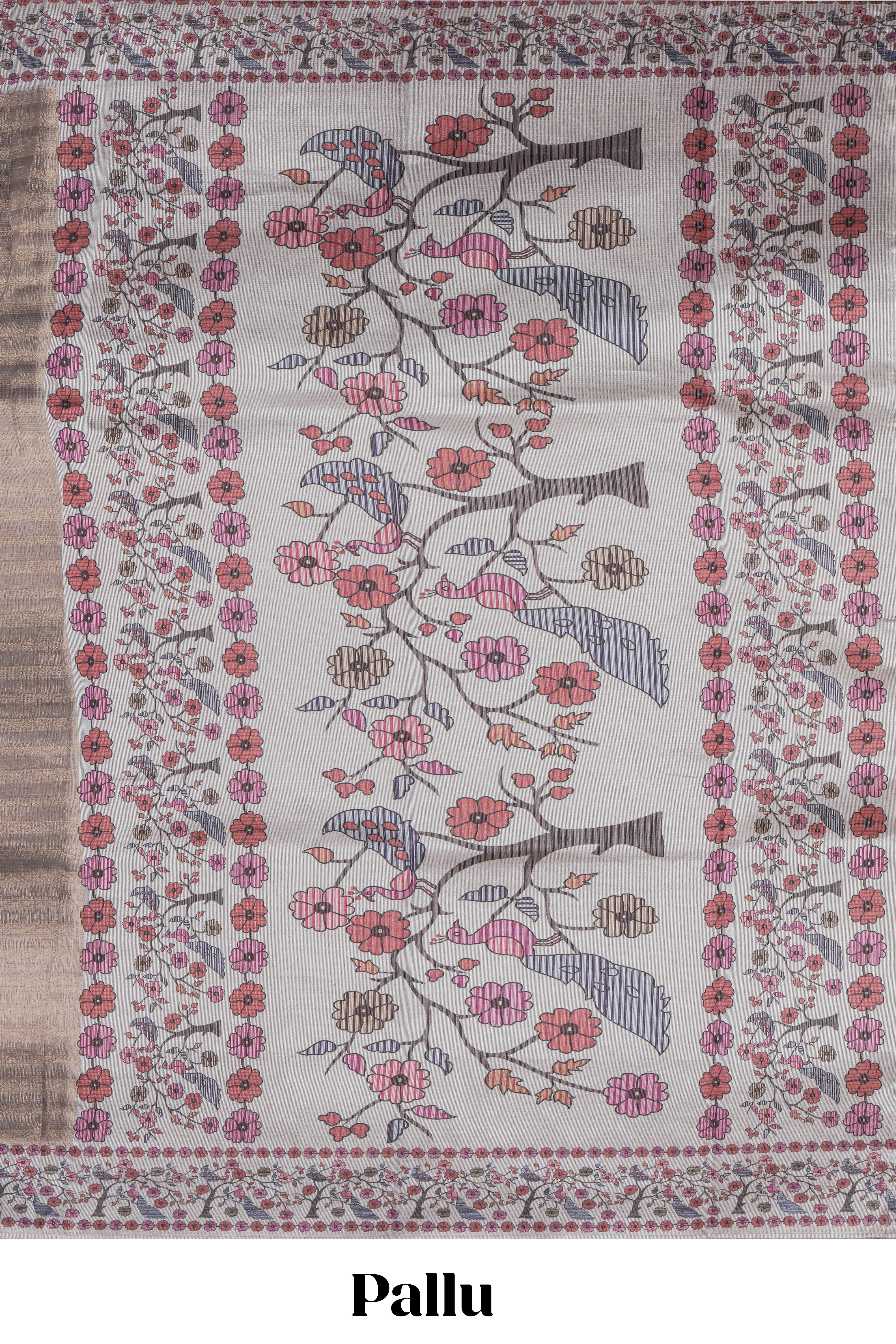 Grey striped art tissue saree with contrast floral & peacock design border and matching blouse