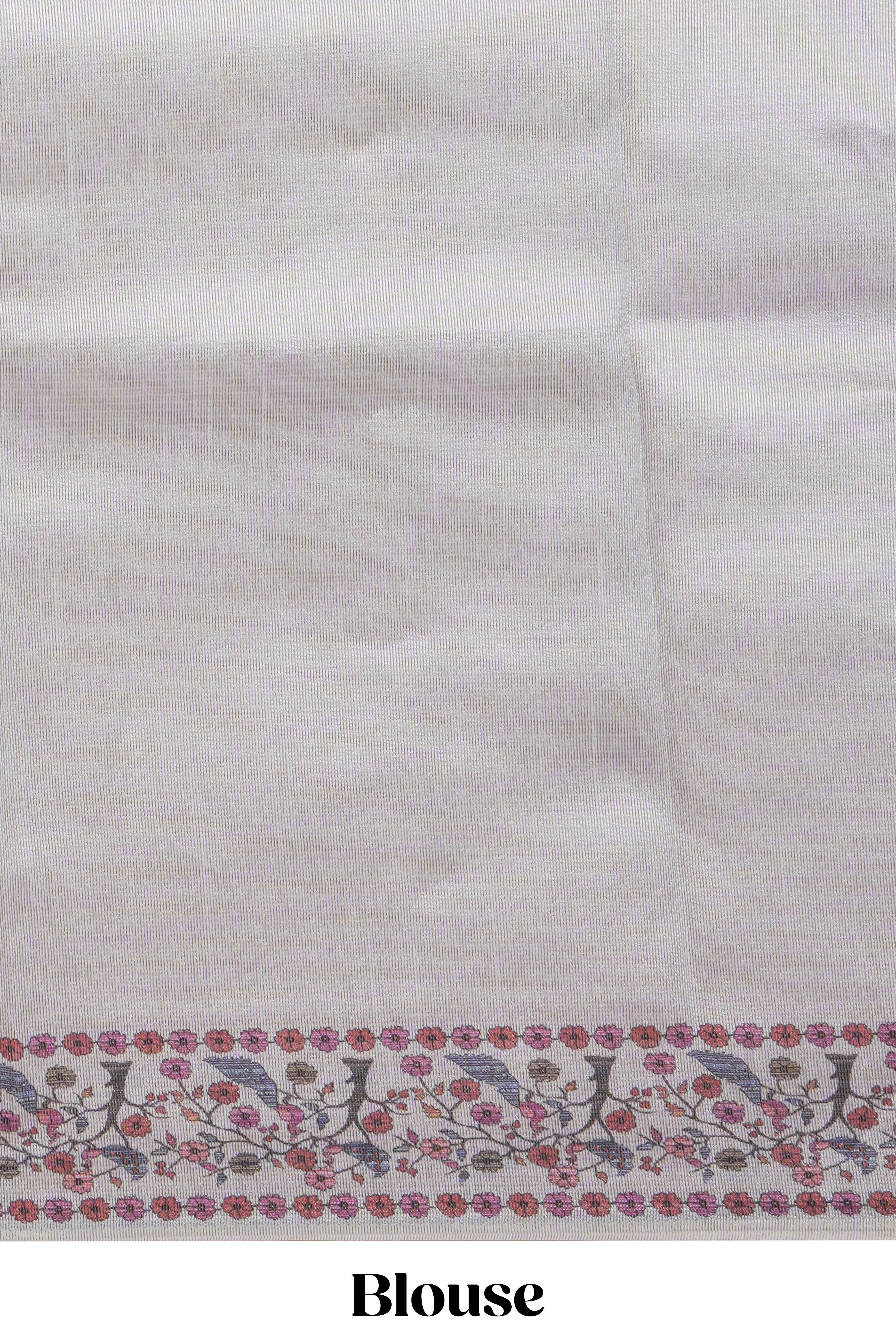 Grey striped art tissue saree with contrast floral & peacock design border and matching blouse
