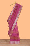Pink crush art tissue saree with self floral design border and contrast zari blouse