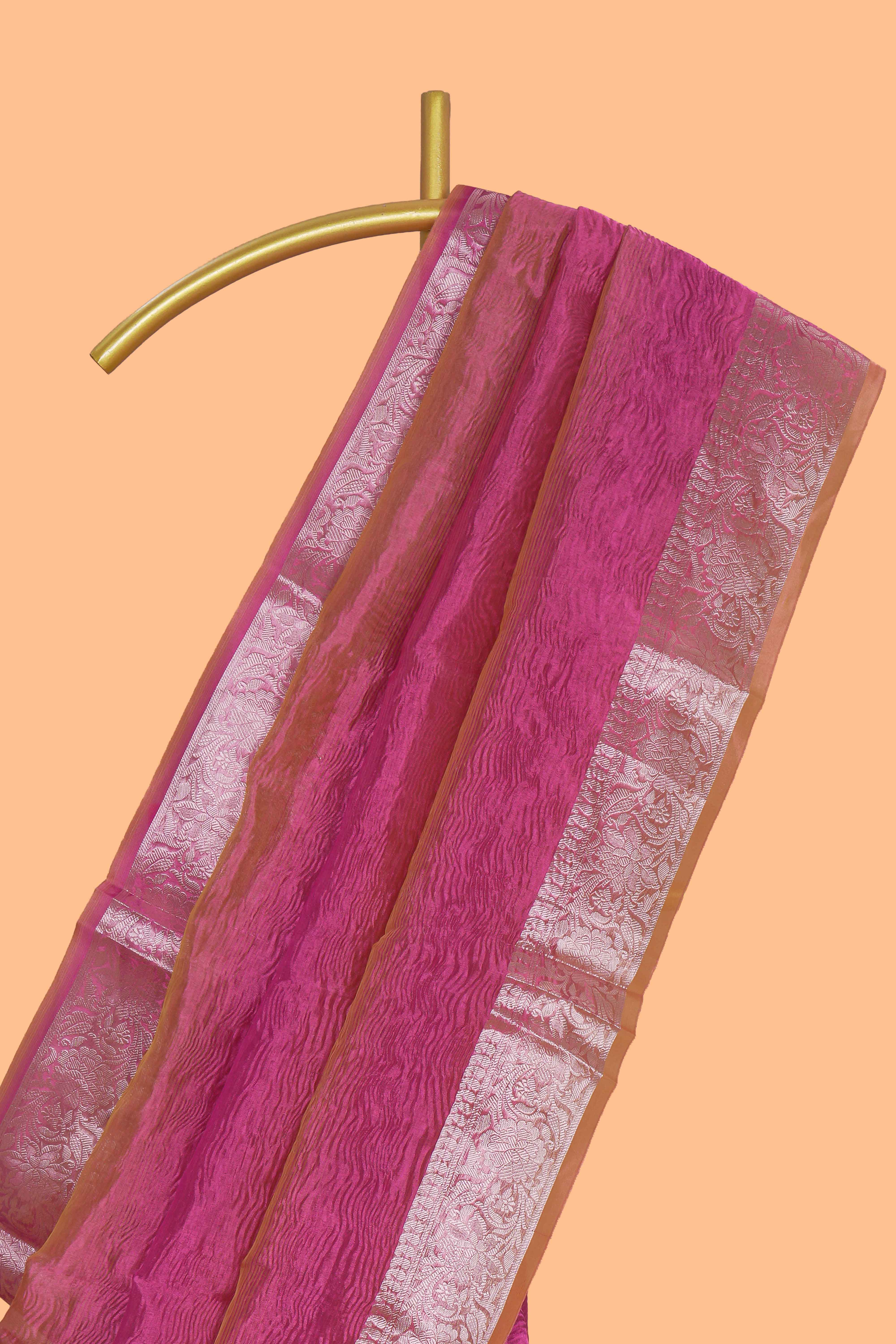 Pink crush art tissue saree with self floral design border and contrast zari blouse