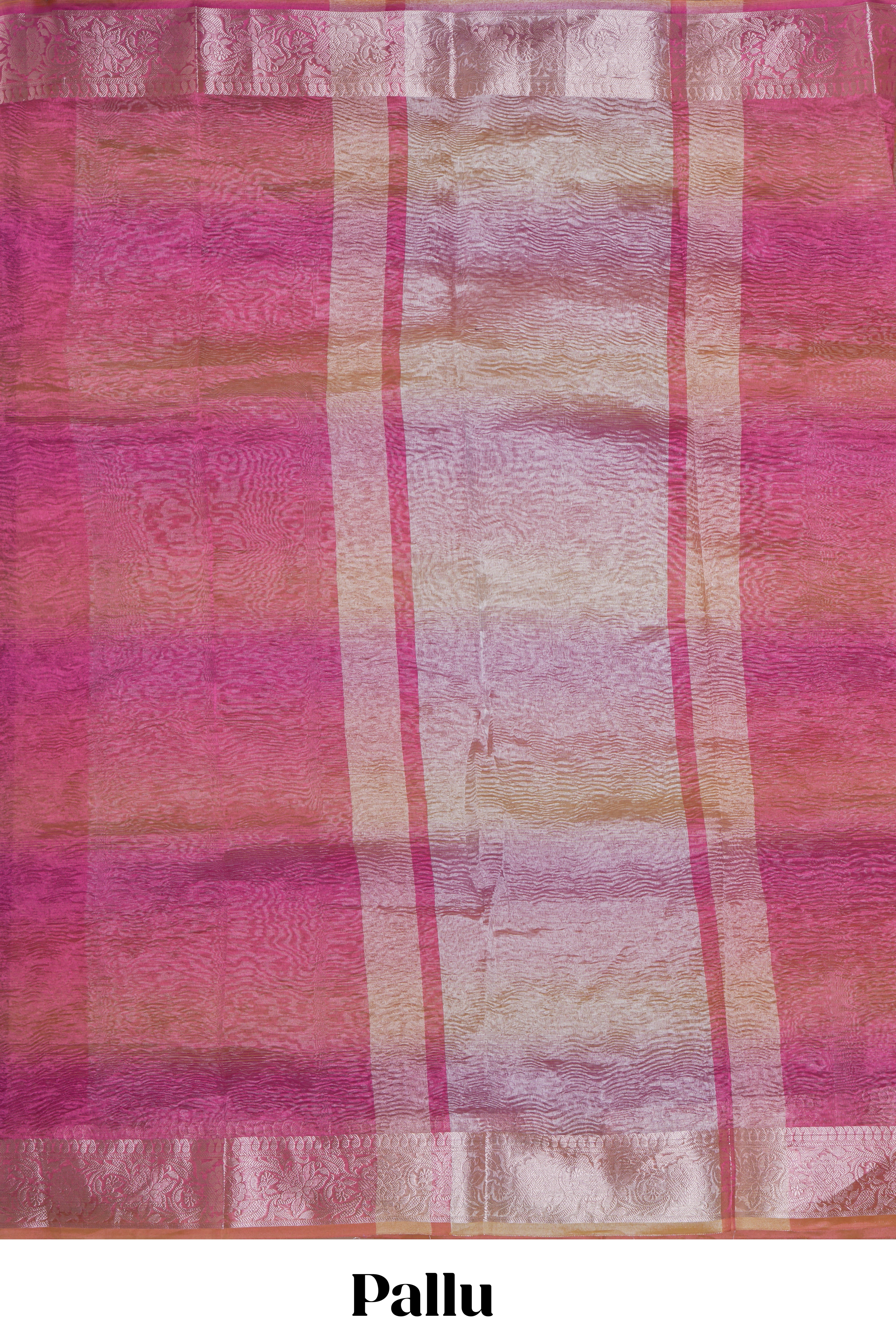 Pink crush art tissue saree with self floral design border and contrast zari blouse