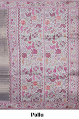 Grey striped art tissue saree with contrast floral design border and matching blouse