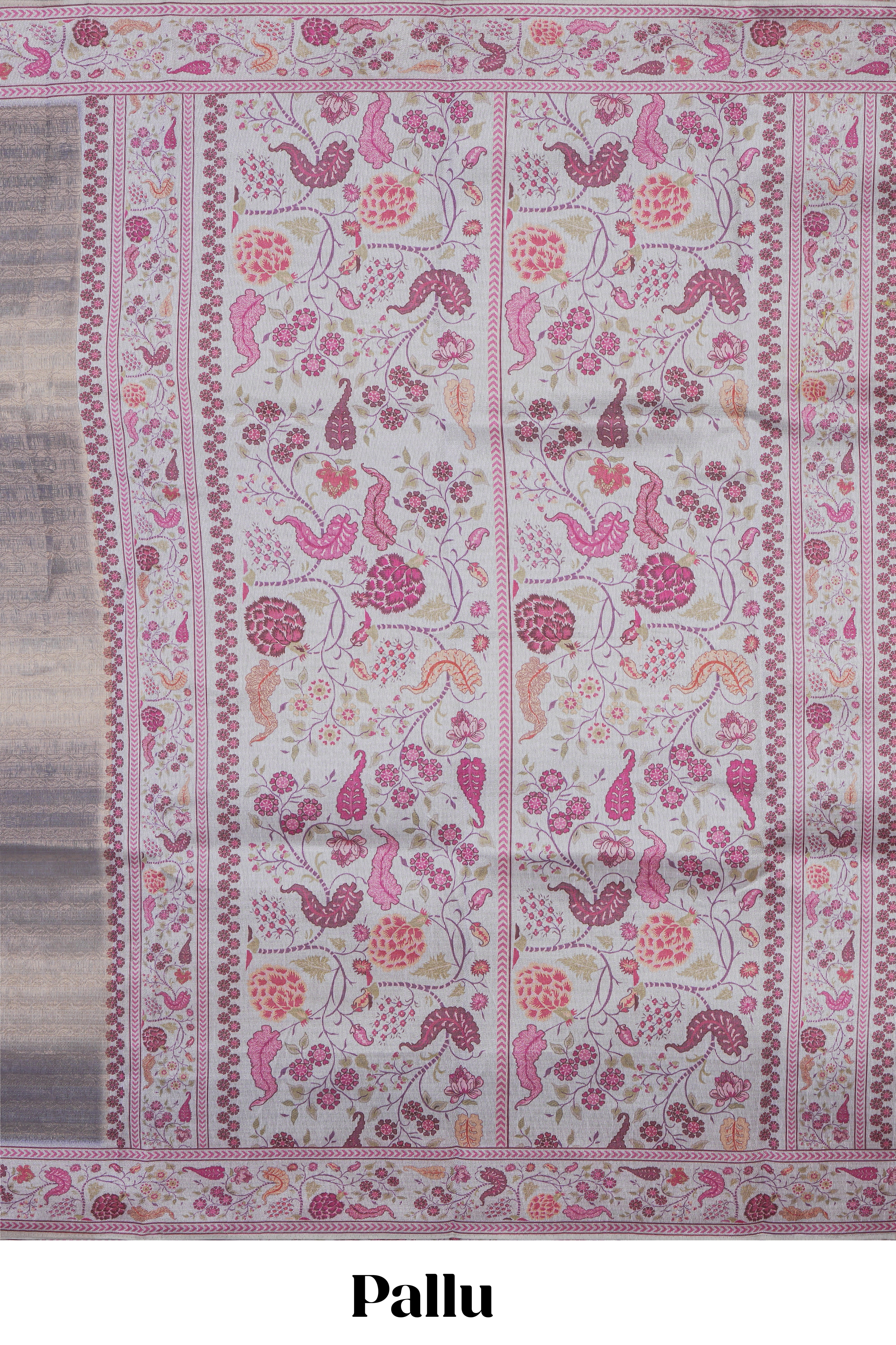 Grey striped art tissue saree with contrast floral design border and matching blouse