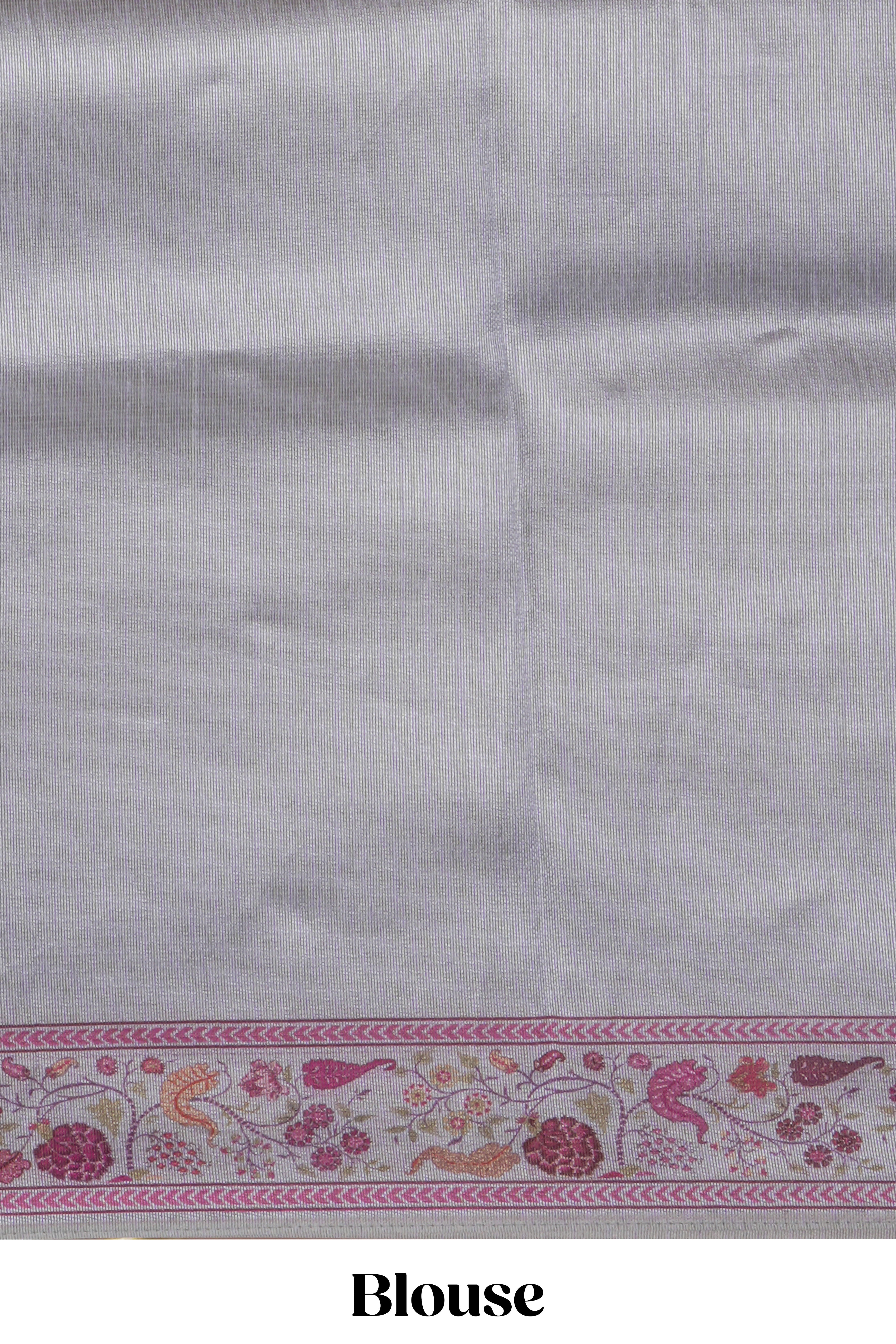 Grey striped art tissue saree with contrast floral design border and matching blouse