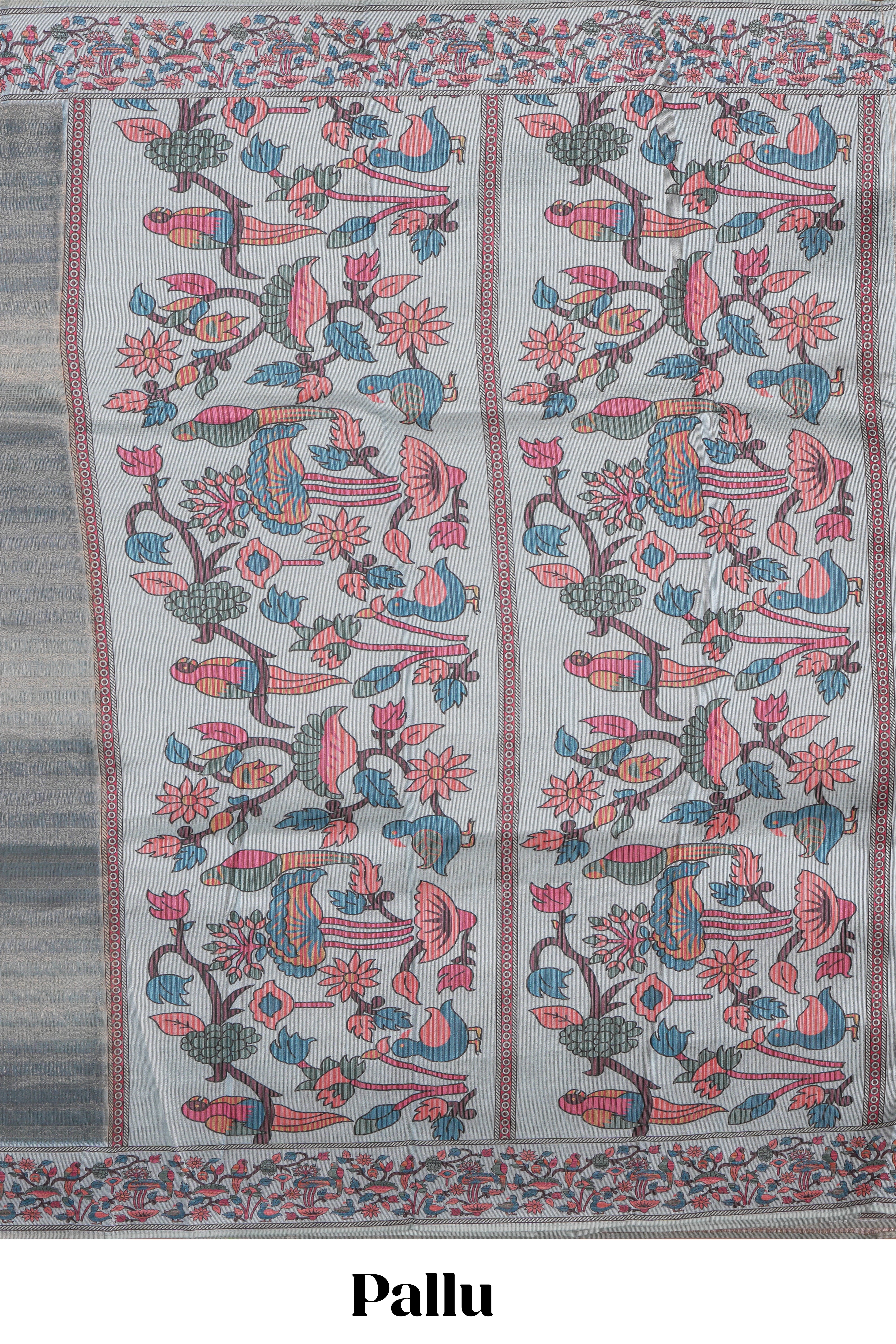 Multi color striped art tissue saree with contrast border and plain blouse