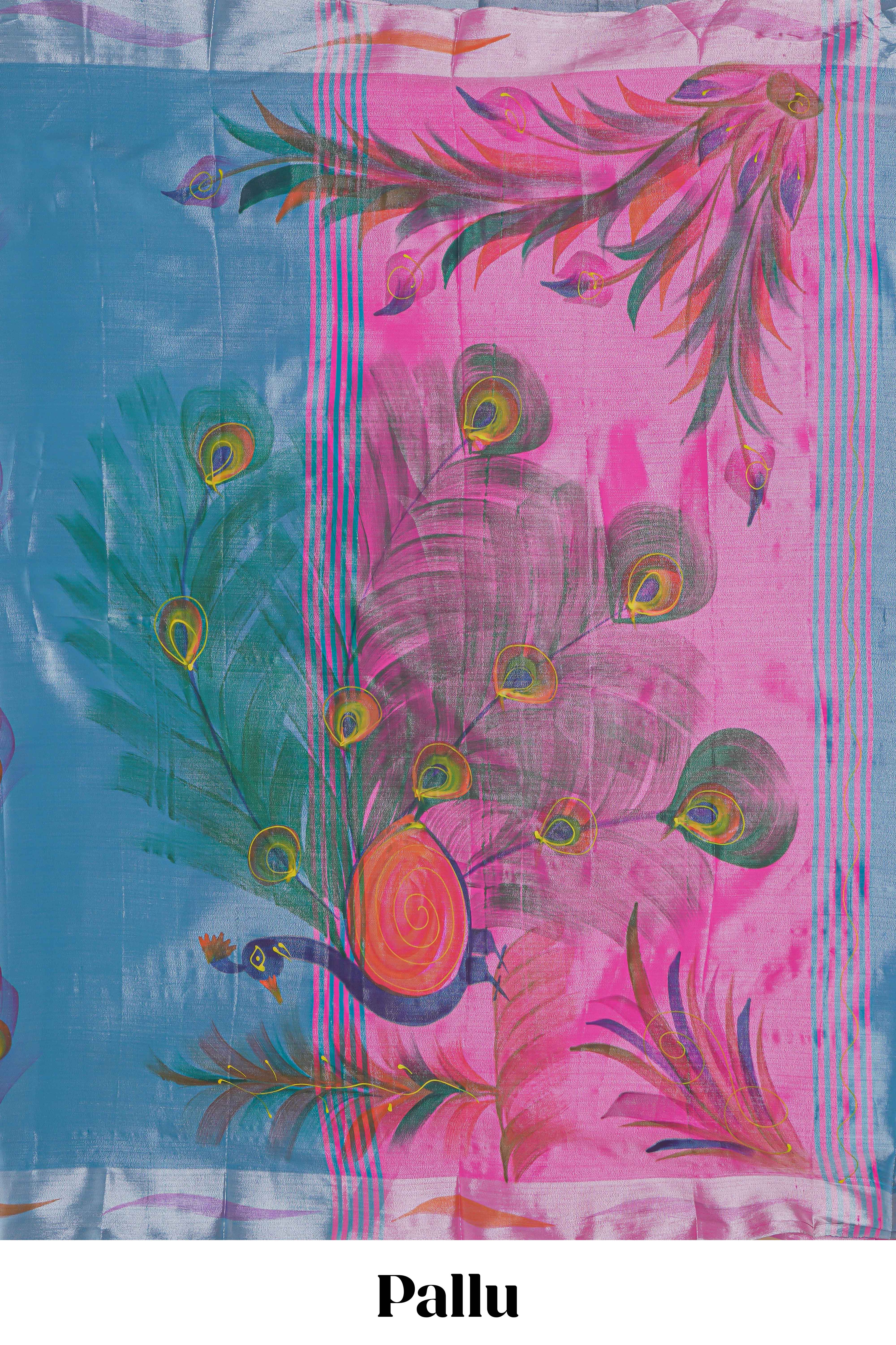 Blue peacock feather design tissue saree with self zari border and contrast blouse