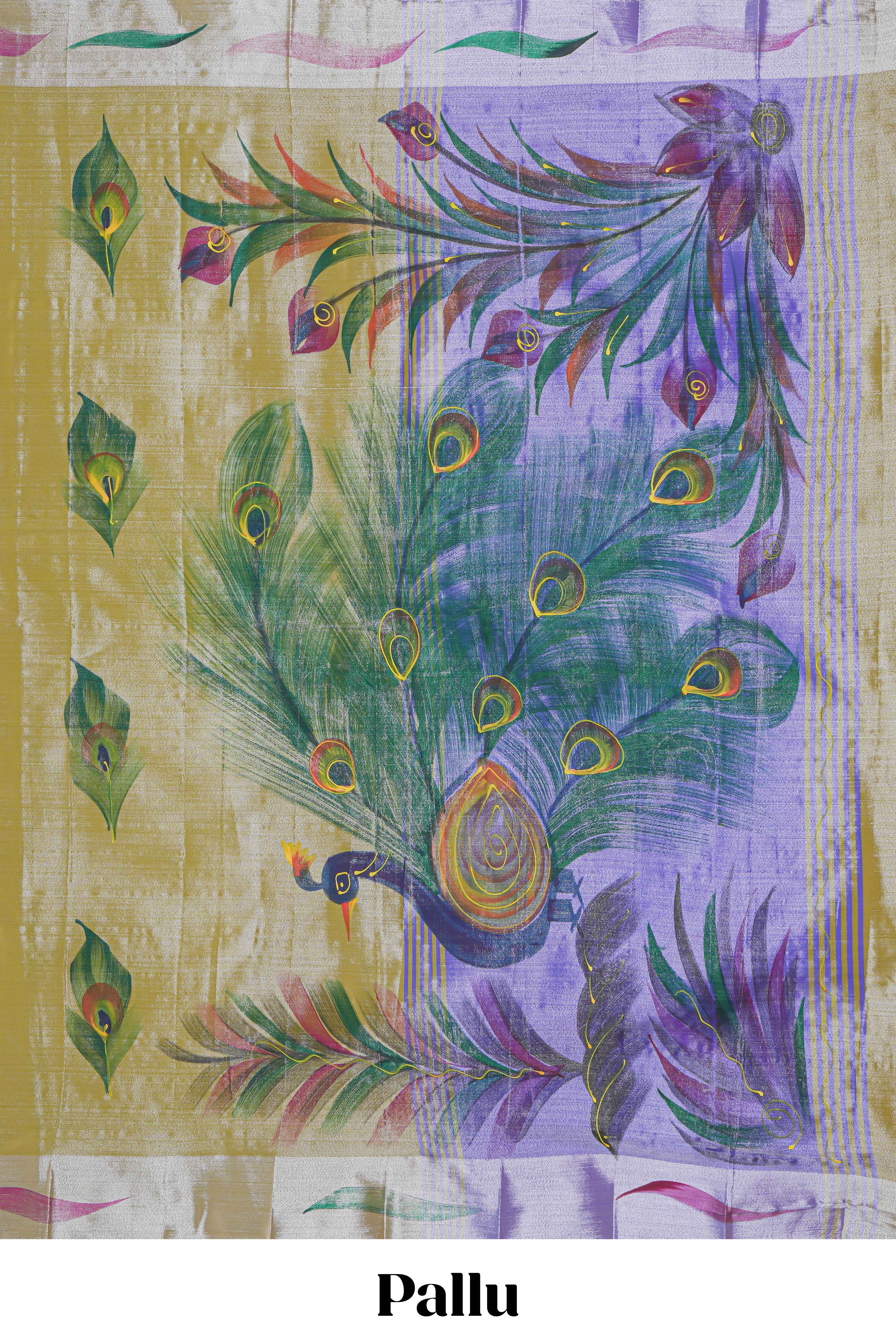 Green peacock feather design tissue saree with self zari border and contrast blouse