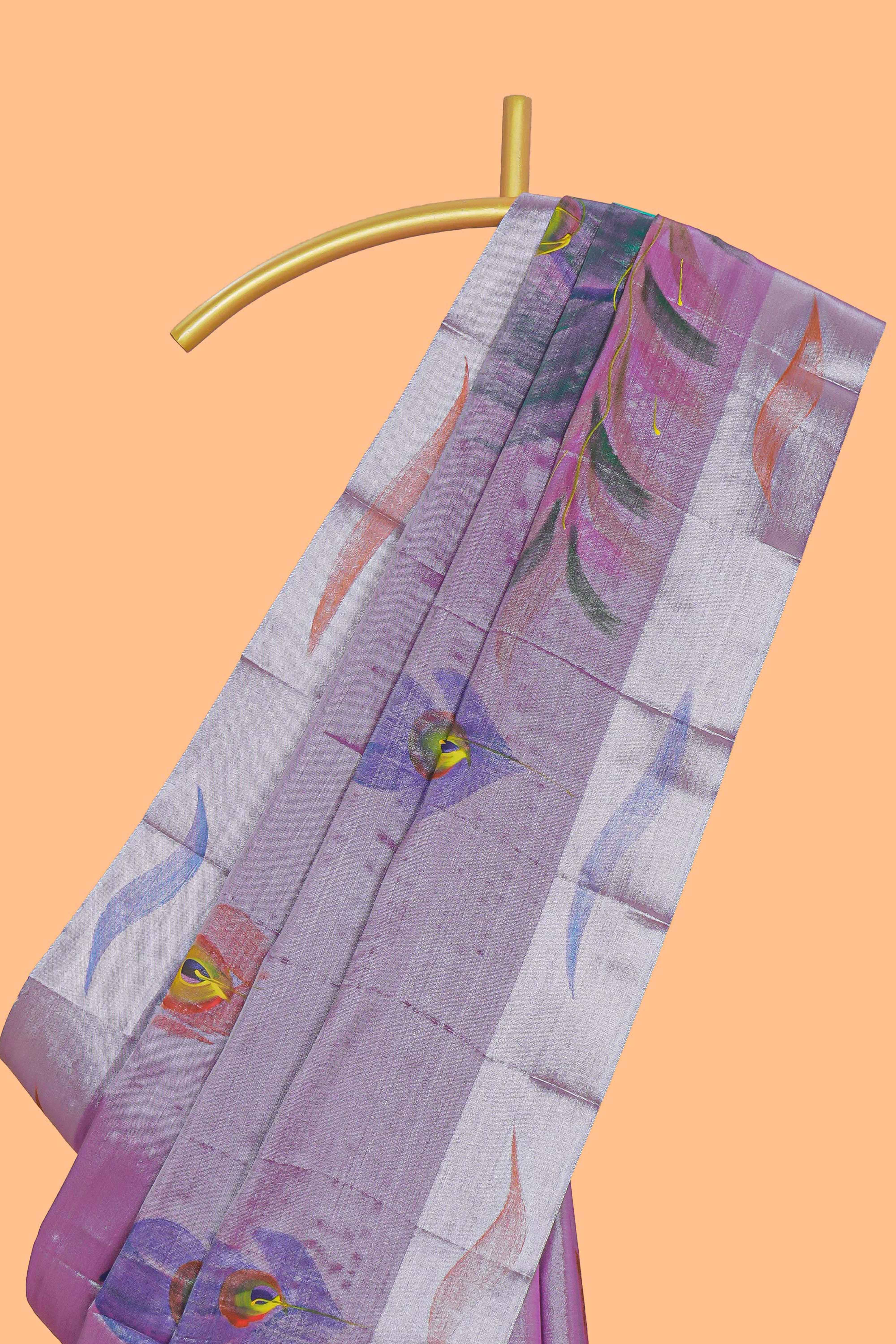 Purple peacock feather design tissue saree with self zari border and contrast blouse