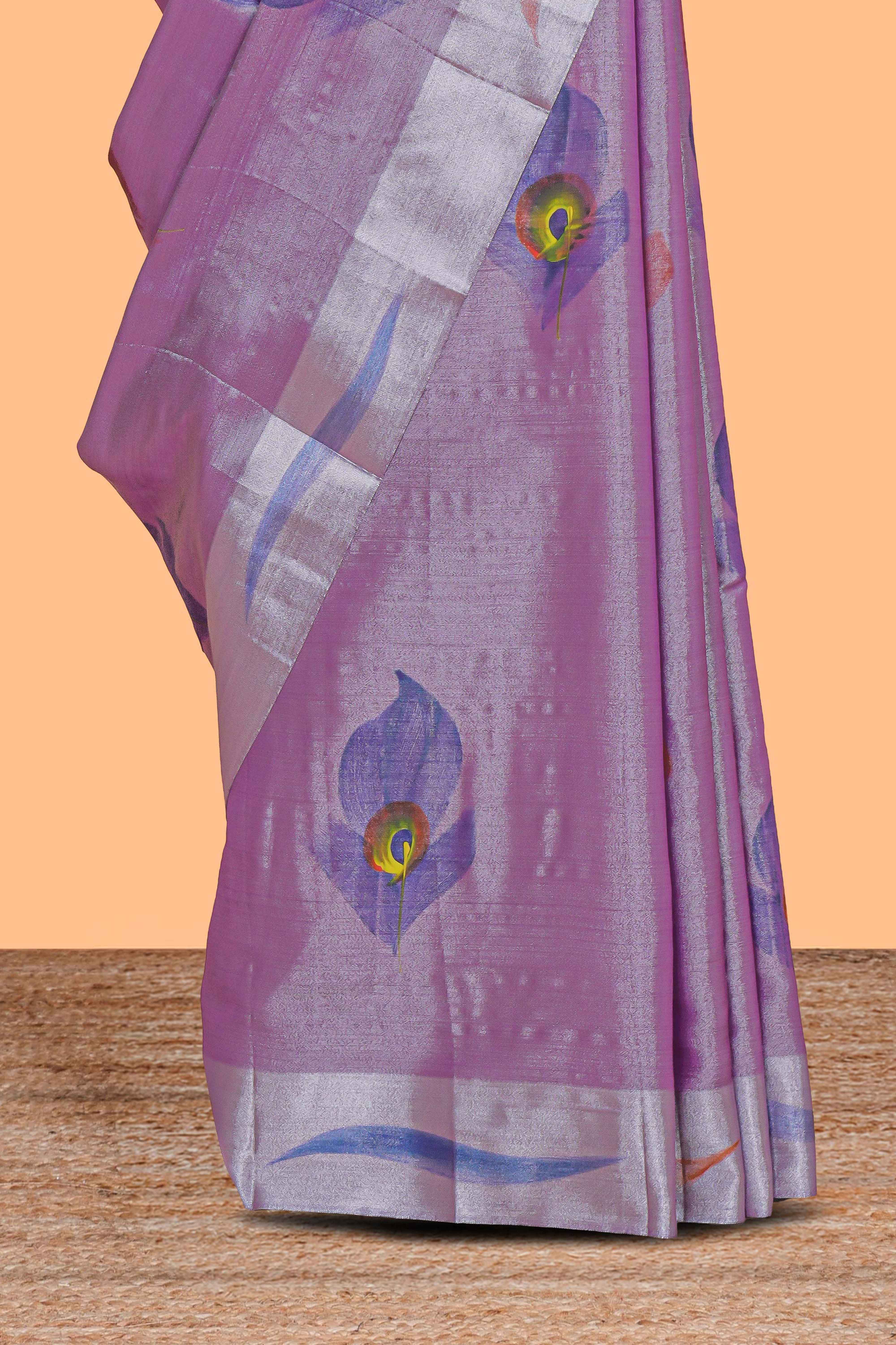 Purple peacock feather design tissue saree with self zari border and contrast blouse