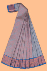 Mauve blue floral vine design art tissue saree with contrast border and blouse