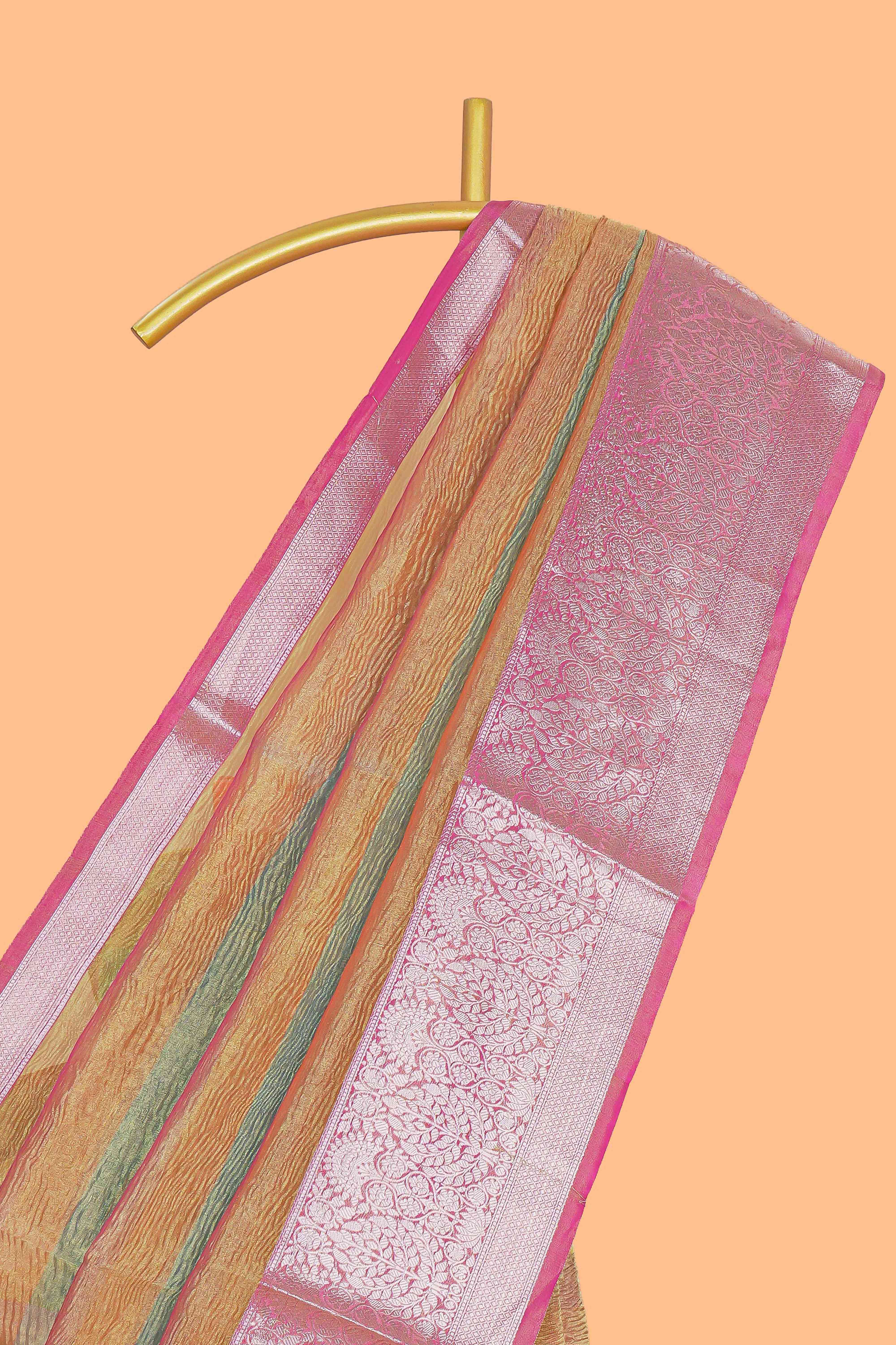 Multi color crush art tissue saree with contrast design border and matching zari blouse