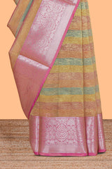 Multi color crush art tissue saree with contrast design border and matching zari blouse