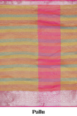 Multi color crush art tissue saree with contrast design border and matching zari blouse