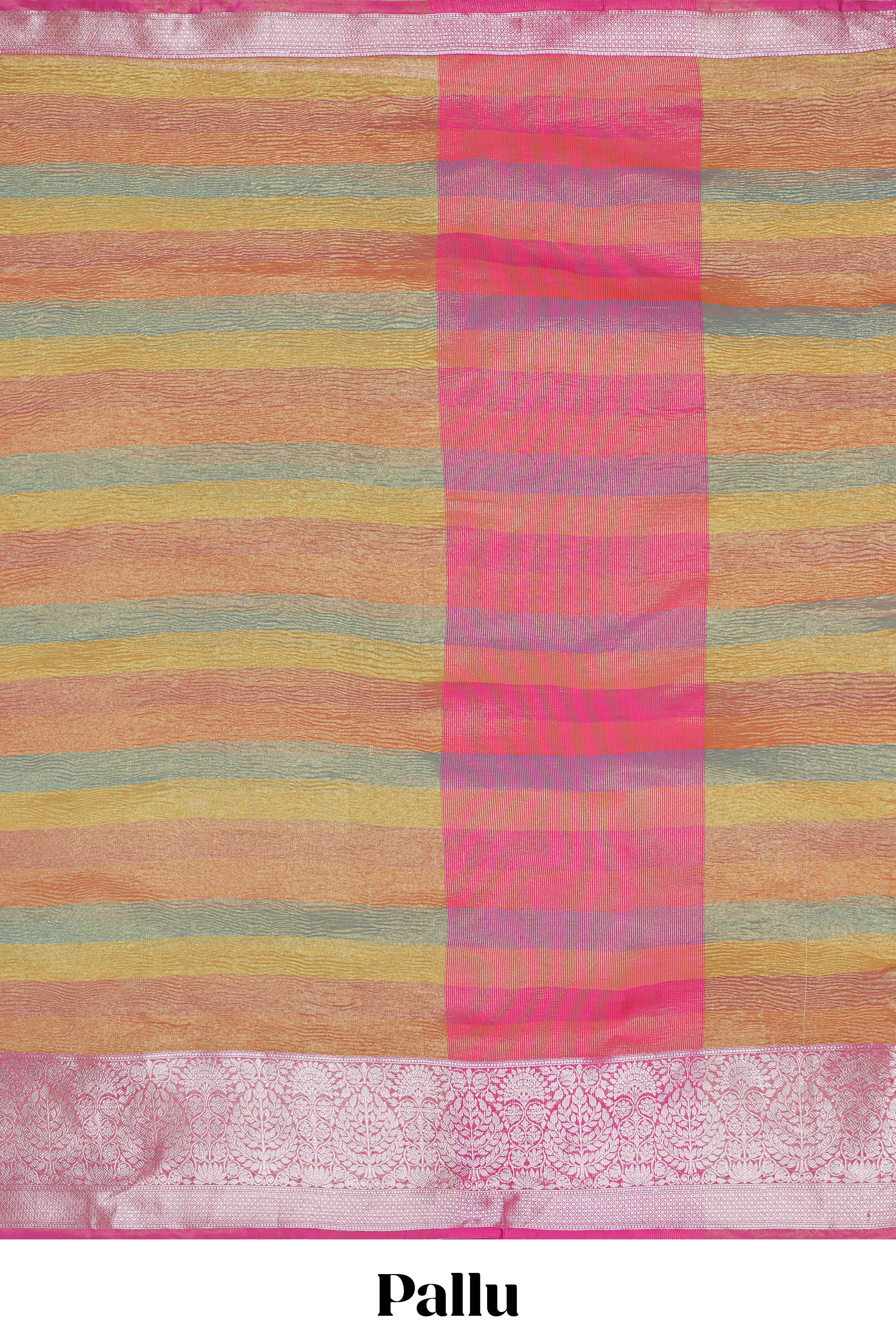 Multi color crush art tissue saree with contrast design border and matching zari blouse