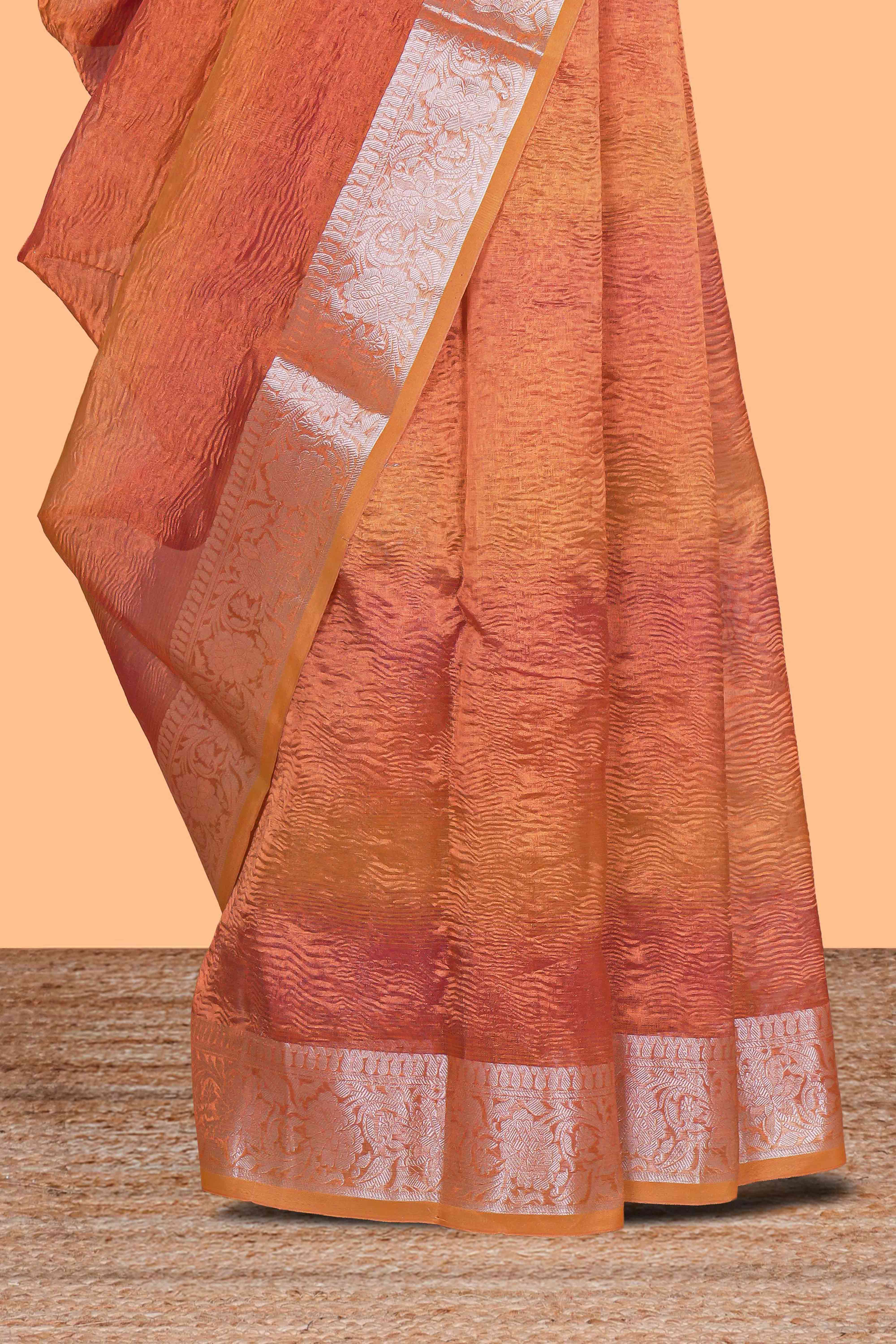 Orange crush art tissue saree with contrast design border and matching zari blouse
